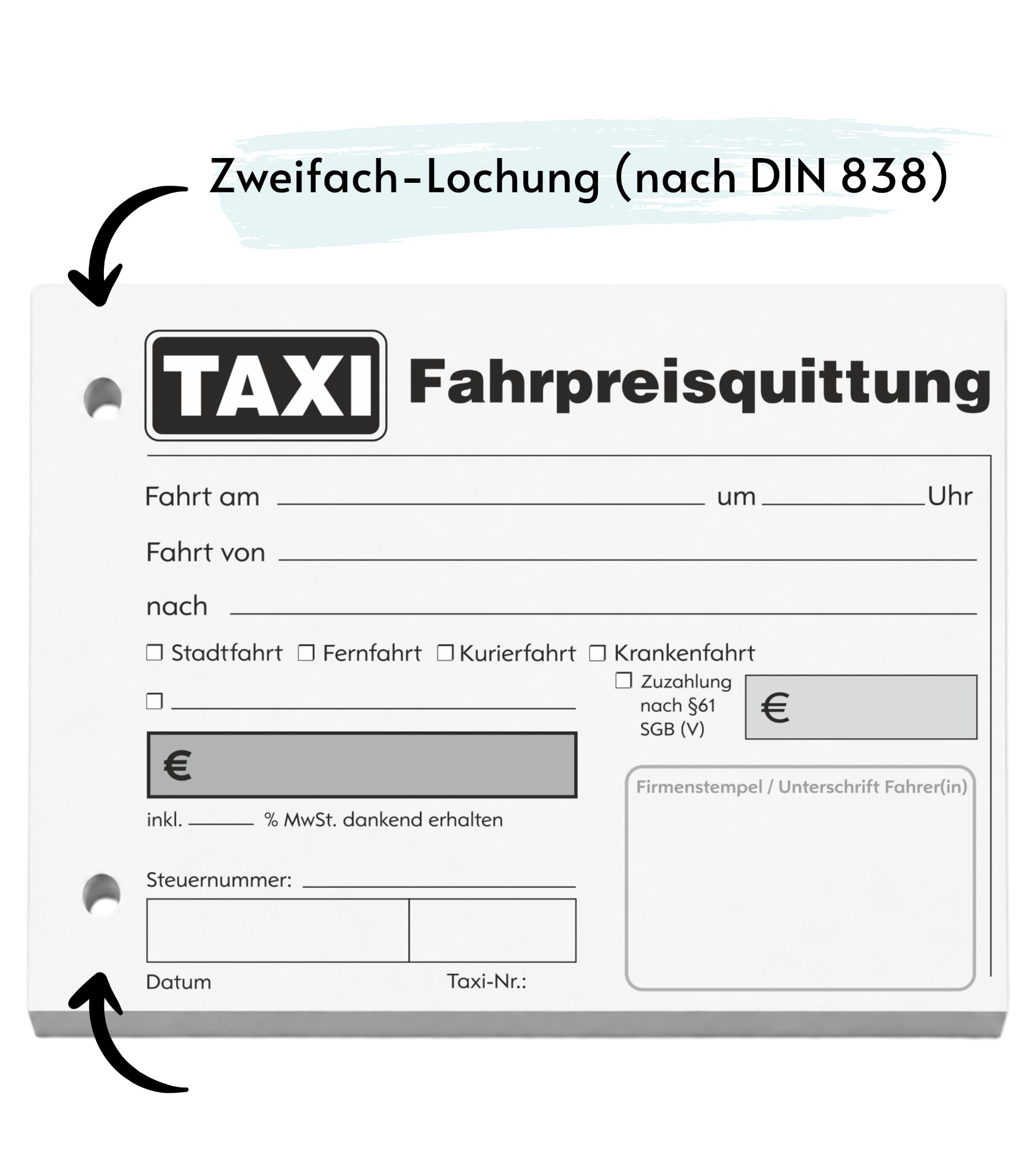 20x Taxiquittungsblock DIN A6 quer, 100 Blatt, gelocht, ohne Durchschlag