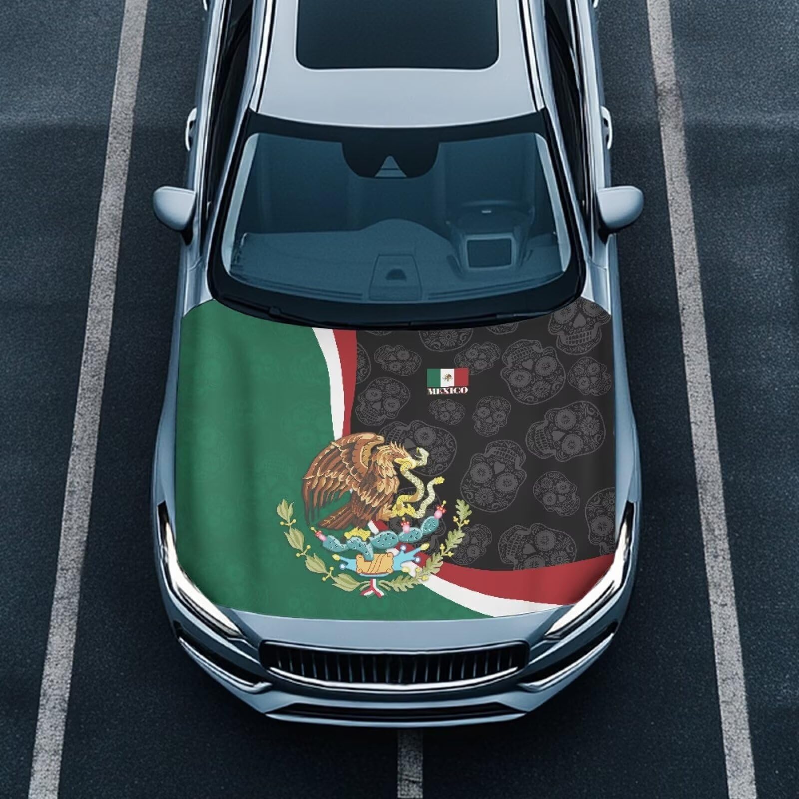 Renewold Mexican Flag Skull, Car Hood Cover Protector, Vehicle Hood Wrap Blanket, Women Men Automotive Exterior Accessories, Elastic for Outdoor Indoor Holiday