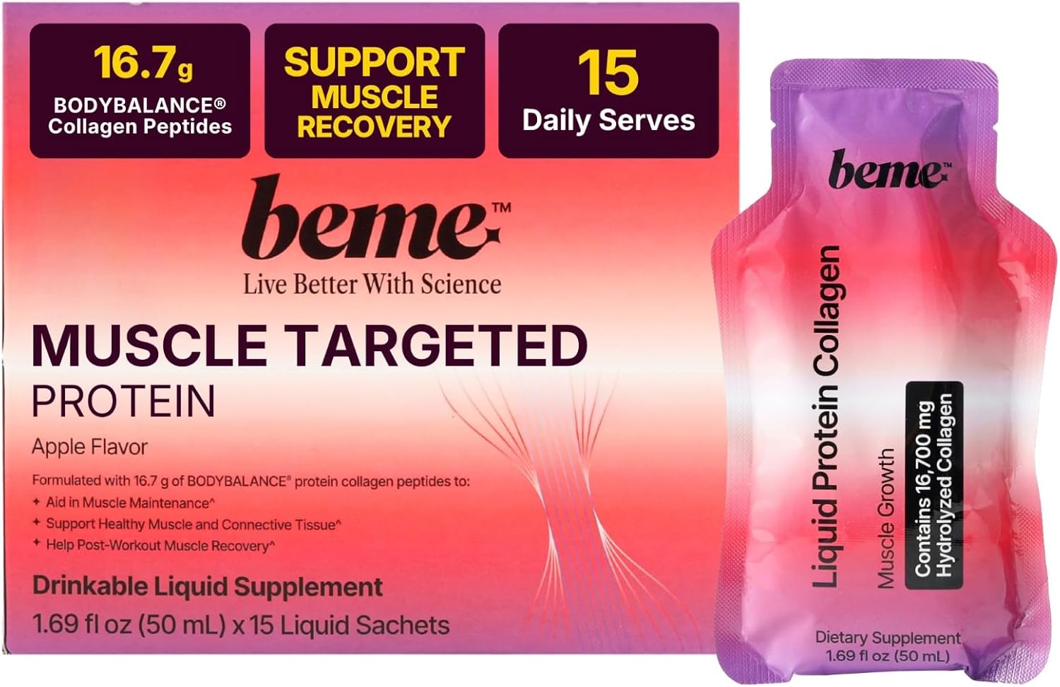 BeMe Liquid Protein Shots – BODYBALANCE Clinical Formula – 16.7g Collagen + 15g Whey-Free Protein – Easy Protein Shots for Muscle Support – Apple, 15 Sachets