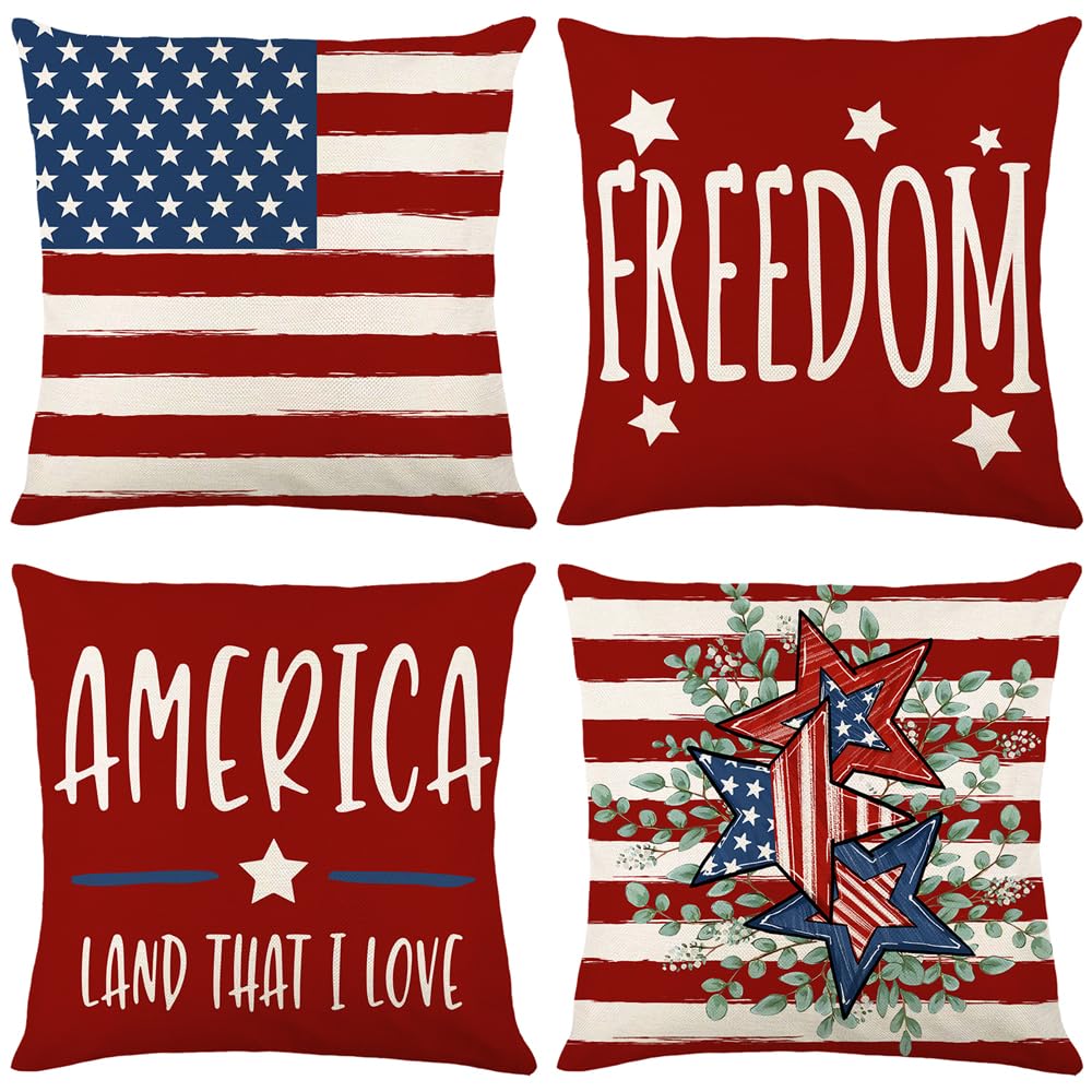 MAZSHTTD Patriotic Pillow Covers 4th of July Throw Pillow Covers 18x18 Set of 4 Independence Day American Star USA Flag Freedom Outdoor Decorative