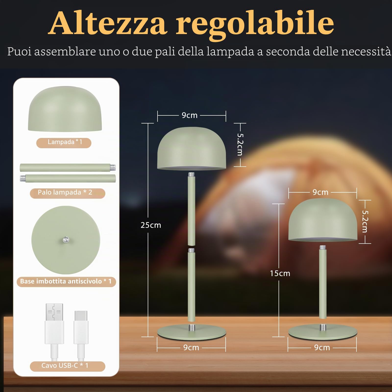 Homefire Lampada da tavolo a LED senza fili, 2 pezzi: touch dimmabile, 3 temperature di colore ricaricabile, batteria regolabile, portatile, impermeabile, verde