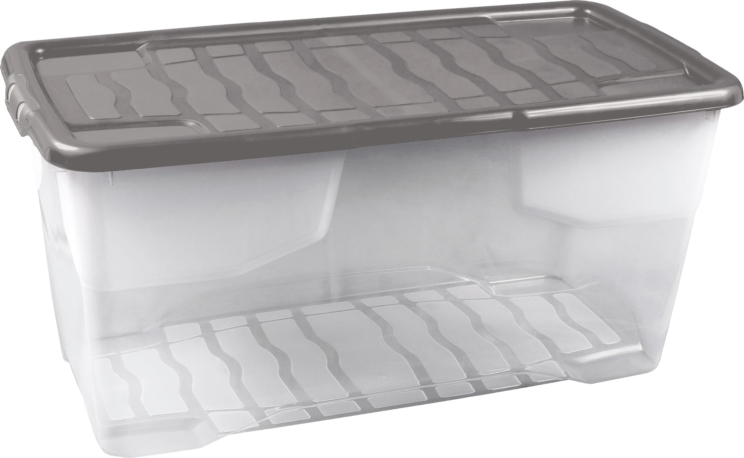 Strata Clear 3 X 80 Litres Curve Plastic Stackable Storage Box & Lid With Clip-On Lids, 3 Pack, Multi Storage Box For Home And Office Storage Solution Box, Grey Lid, (37Cm H X 40Cm W X 80Cm D)