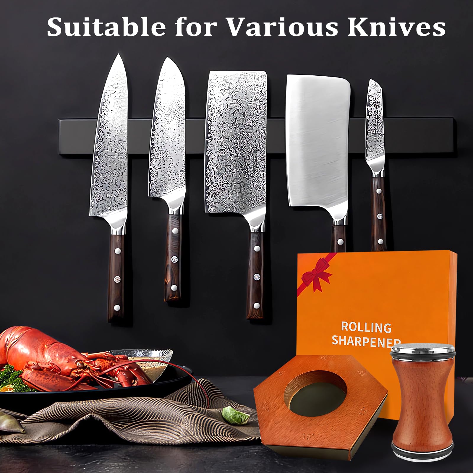 Rollschleifer Messerschärfer 12°/15°/17°/19°/22°/25° Schärfwinkel, Rollschleifer für Messer mit Magnet, Diamant-Schleifstein für jede Stahlhärte, 4 Klingen, rollender Messerschärfer