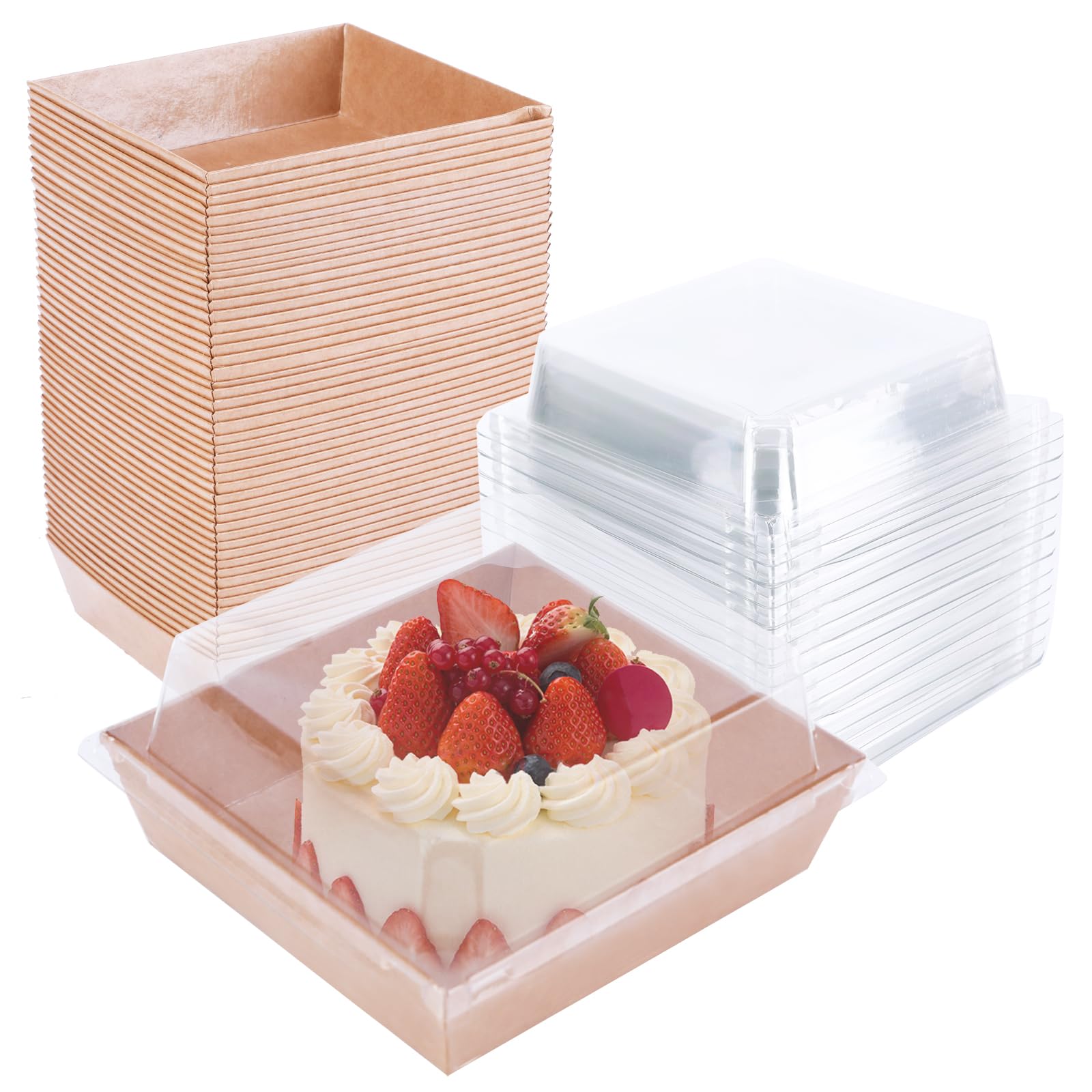 50pcs Cake Boxes for Cake Portions, Kraft Paper Cake Slice Boxes is Oil Proof, 12cm Cupcake Boxes Single with Transparent Cover Suitable for Holiday Parties Cake Shops Weddings Baby Showers Birthdays