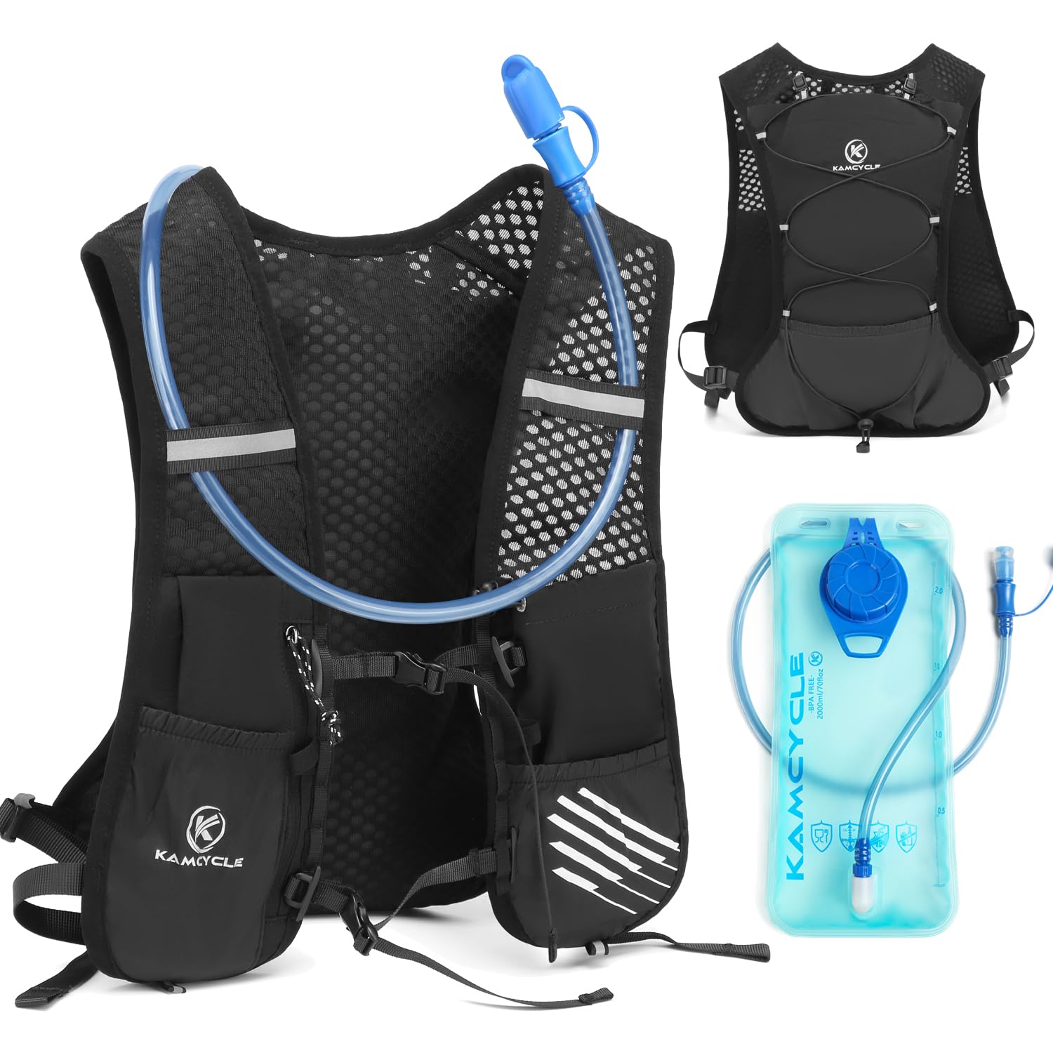 KAMCYCLE Running Vest, Hydration Vest Backpack with 500ml Running Water Bottle or 2L Hydration Bladder, Lightweight Reflective Phone Holder for Cycling Hiking (With 2l Hydration Bladder)