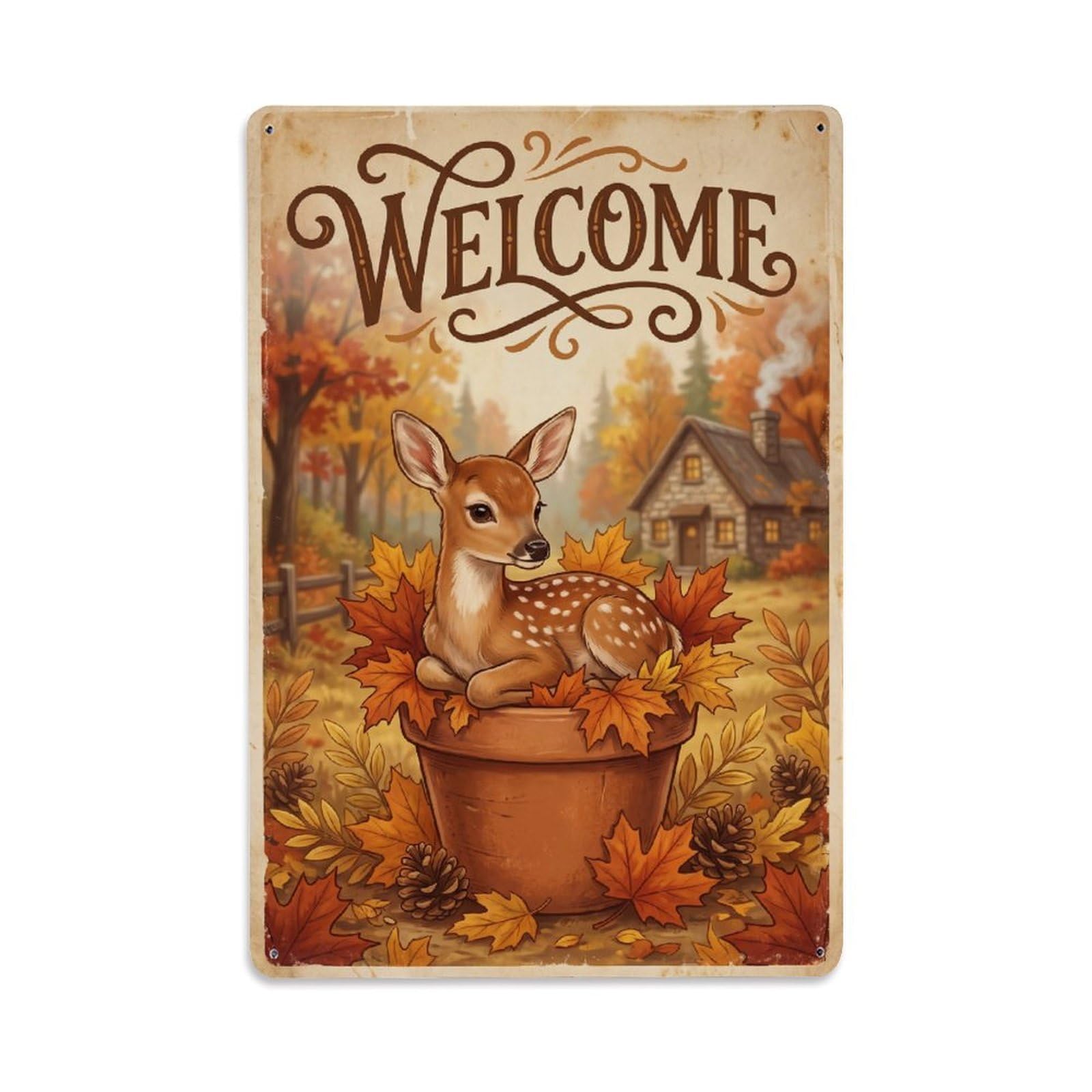 Cxhjca 8X12inch(20X30cm) Vintage Welcome Fawn Warm Wishes Metal Tin Sign