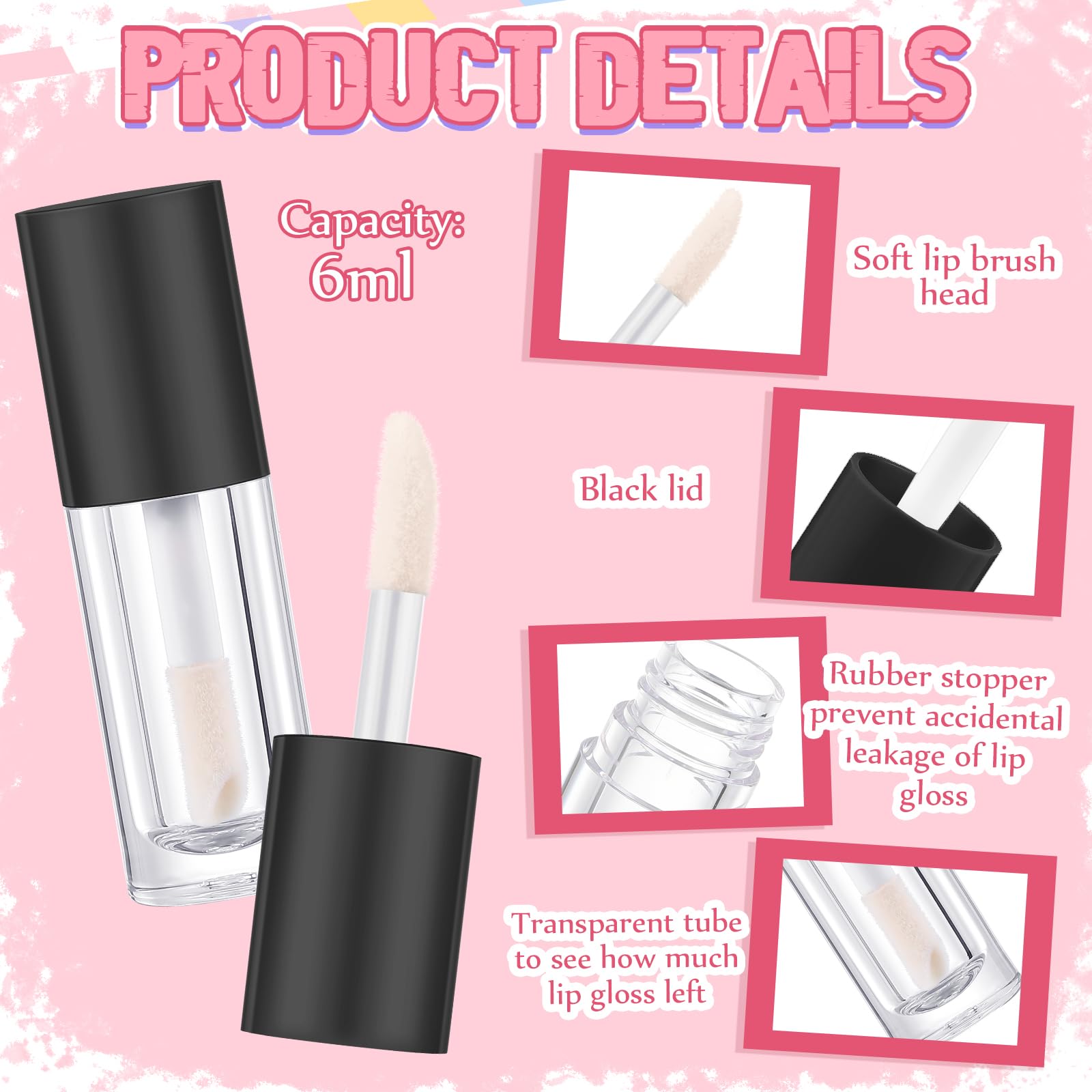 Tatuo 30 tubetti vuoti da 6 ml per lucidalabbra, con bacchetta, ricaricabili, contenitori per cosmetici, con tappi in gomma, per rossetto, crescita delle ciglia, liquido, kit trucco fai da te (nero)