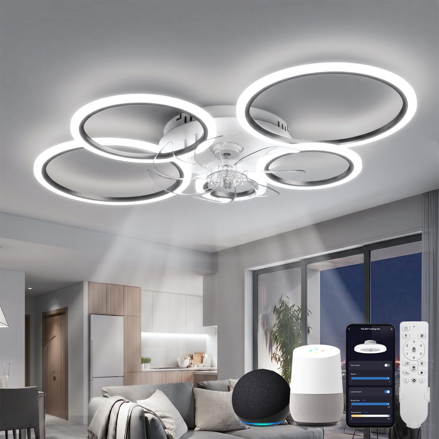ycwdcz Ceiling Fans with Lights Compatible with Alexa and Google Assistant, Ring Ceiling Fans with Lamps Dimmable, 6 Speed, Quiet Reversible DC Motor, Led Fanlight for Bedroom, Living Room, Lounge