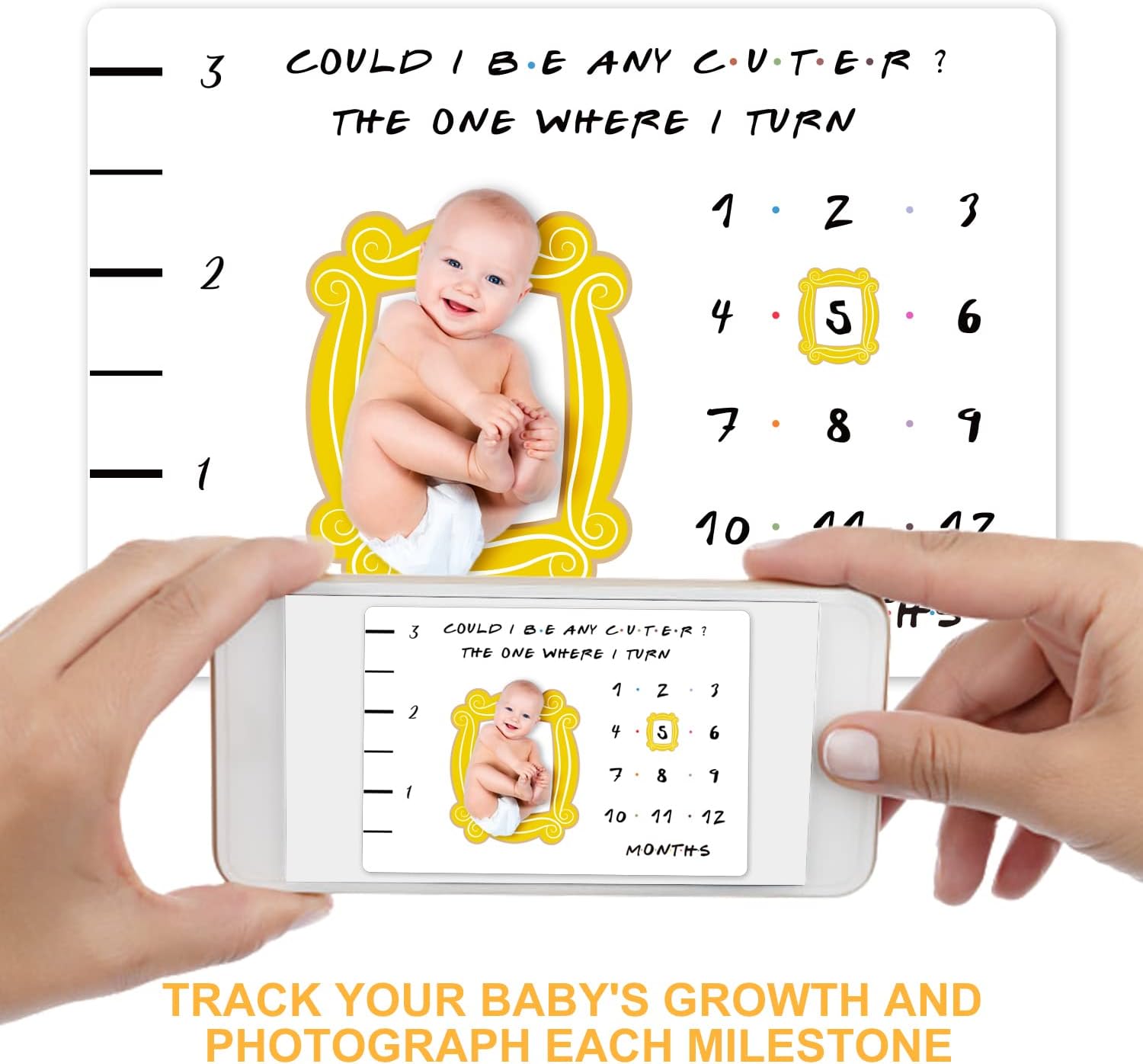 Friends Baby Milestone Blanket, TV Show Merchandise Gift for Baby Shower, Newborn Essentials Photo Props for Age and Growth, Yellow Frame Included, 50'' X 60''