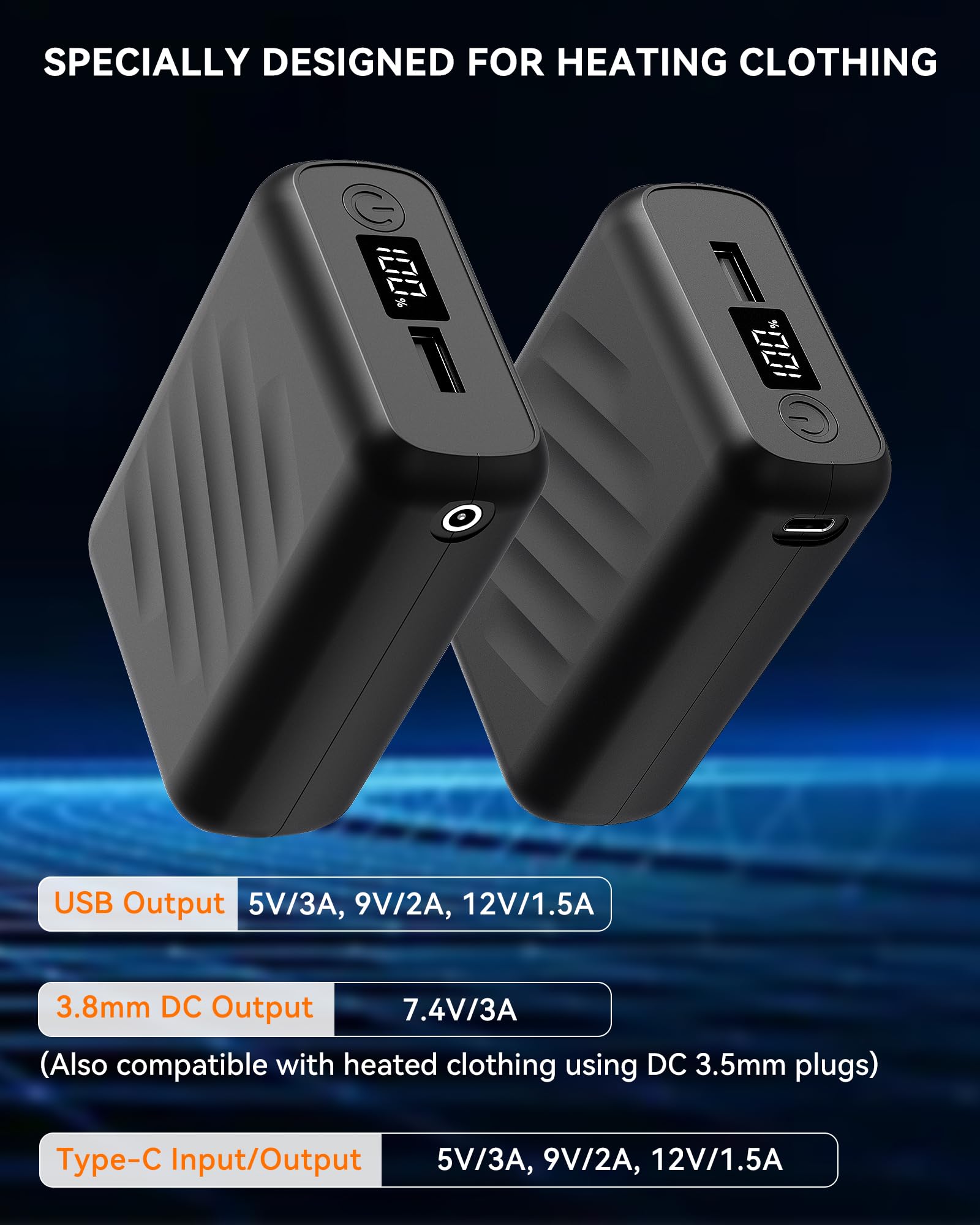 FERNIDA Batterie externe 20 000 mAh - Fonction de charge rapide - Avec ports DC, USB et Type-C - Pour vêtements chauffants, banque de batterie externe portable pour gilet chauffant, pantalon et