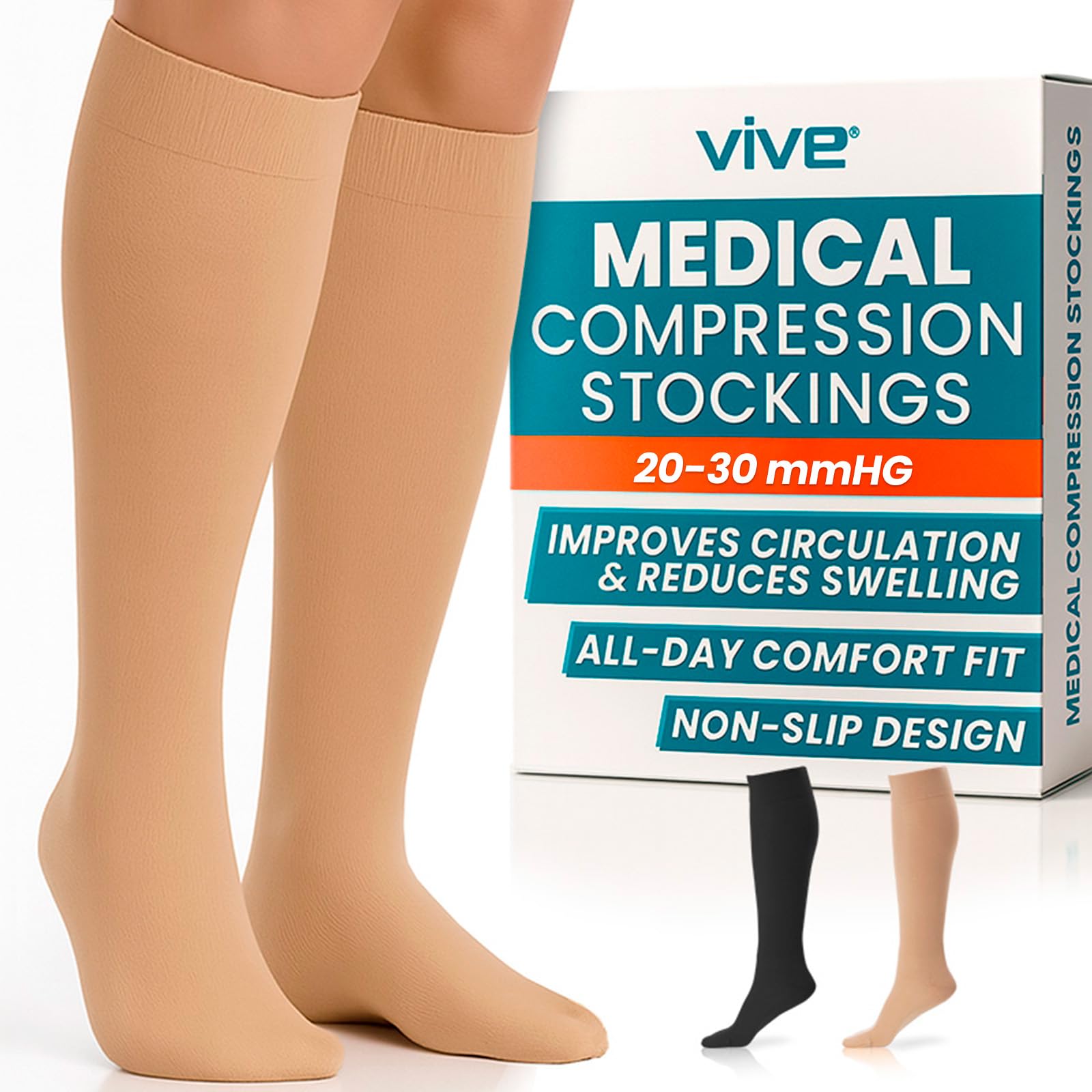 Vive Medical Compression Stockings - 20-30mmHg Knee High Socks for Varicose Veins - Support Stockings for Women/Men - Graduated Compression For Anti