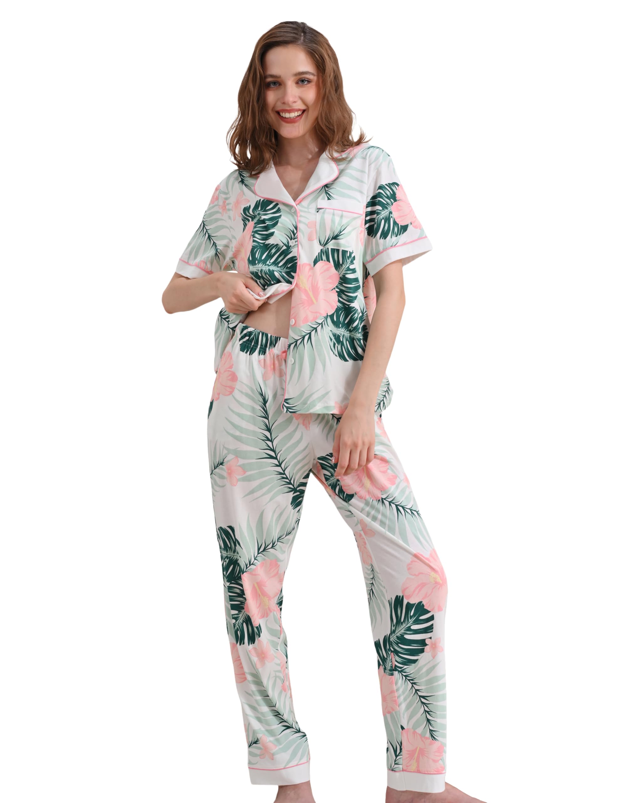 NAP BOUND 100% Cotton Women's Pajama Sets Short Sleeve Button Down Soft Pjs 2 Piece Lounge Set with Pocket Nightwear XS-XXL
