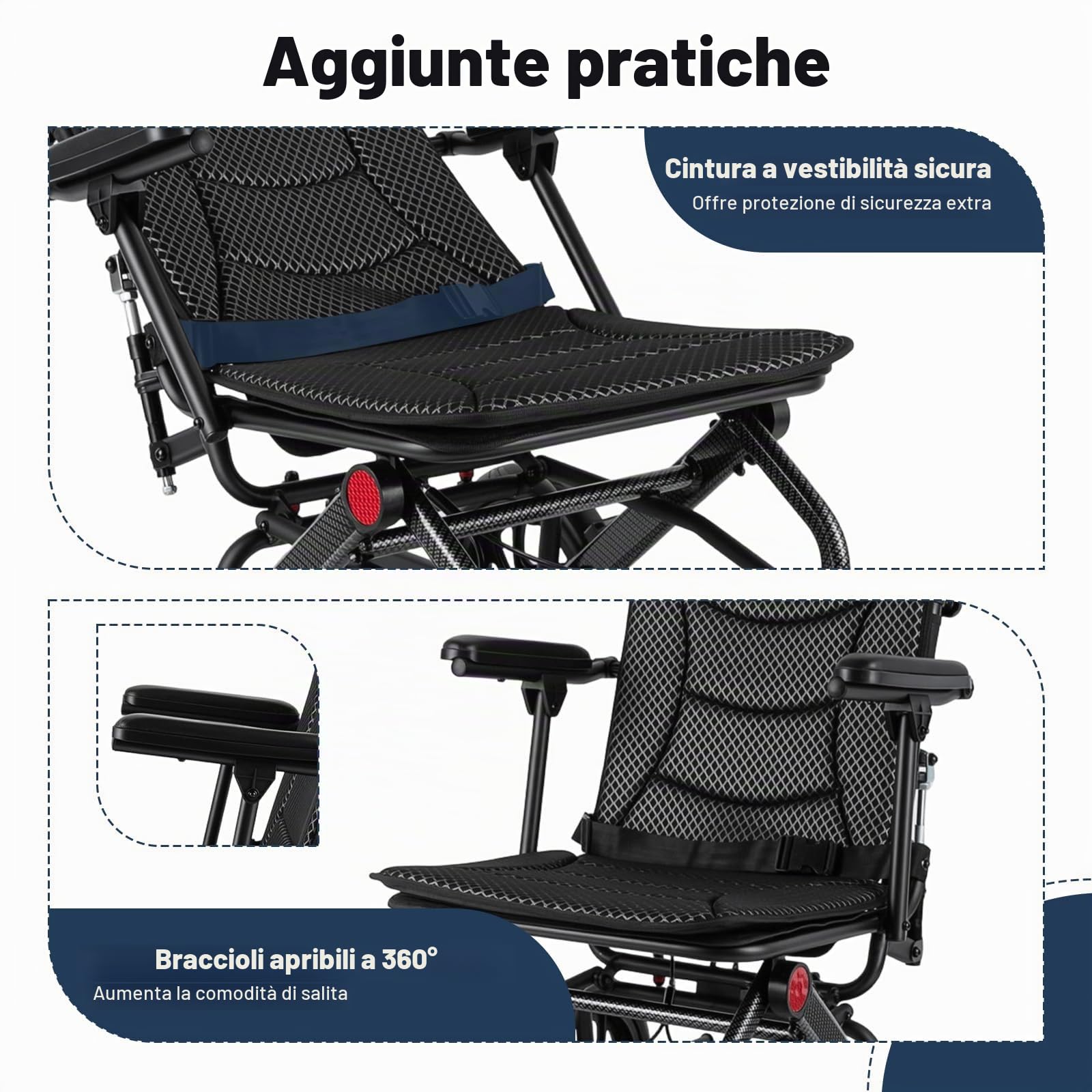 Sedia a rotelle pieghevole in alluminio, portata 130 kg, schienale regolabile da 90 ° a 175°, poggiatesta, braccioli a 360° per anziani