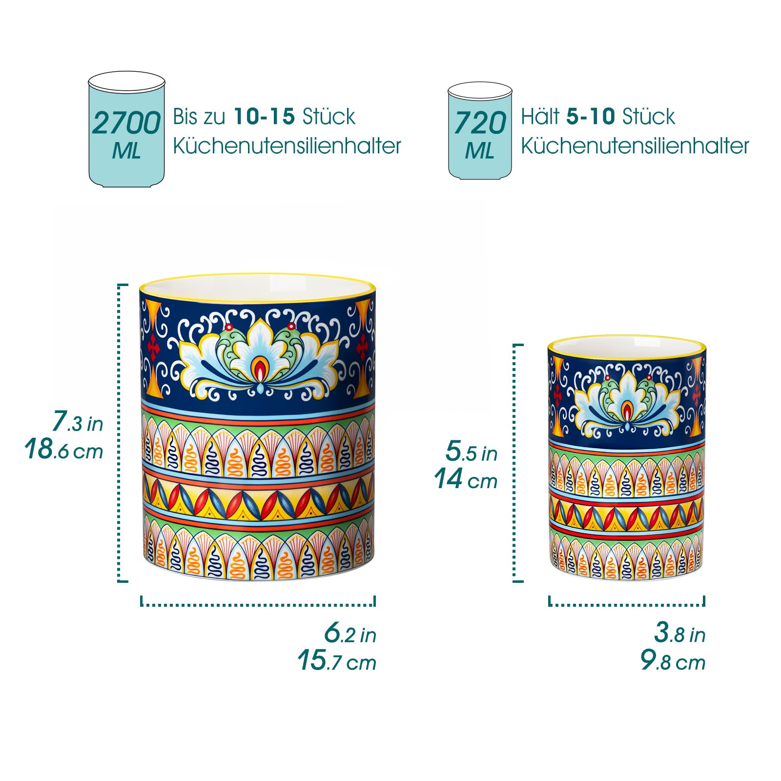 vancasso 2-tlg Küchenutensilienhalter, 18,6 cm + 14 cm Keramik Utensilienhalter im Boho-Stil, Behälter für Küchenutensilien, Kitchen Utensil Holder für Spatel & Löffel, Zenit-Harmonie