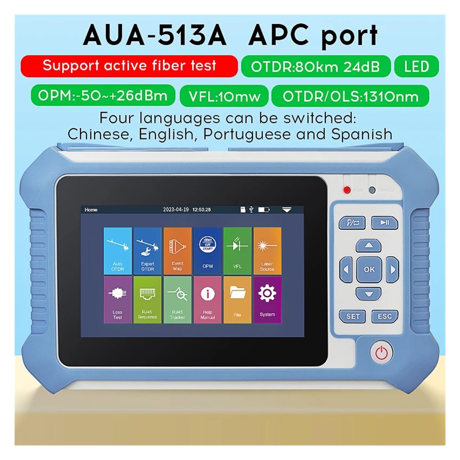 Compteur de puissance de Fiber AUA-513/501/500/516/562U/A, réflectomètre optique OTDR VFL OLS OPM LED, carte d'événements, testeur Ethernet(AUA 513U)