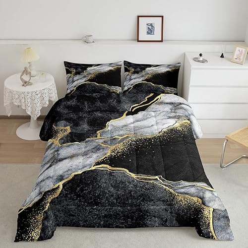 Juego de edredón de lujo negro y gris, juego de ropa de cama con lentejuelas doradas y mármol, relleno de edredón con textura abstracta de mármol