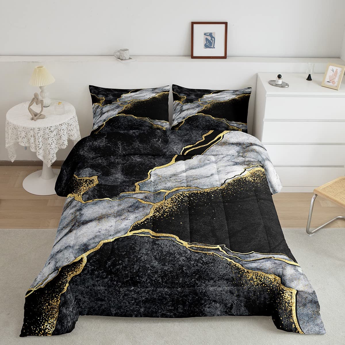 Amazon.com: Black Marble Bedding Set Full Size,Black And Grey Marble Duvet Insert,Men Women Tees ...
