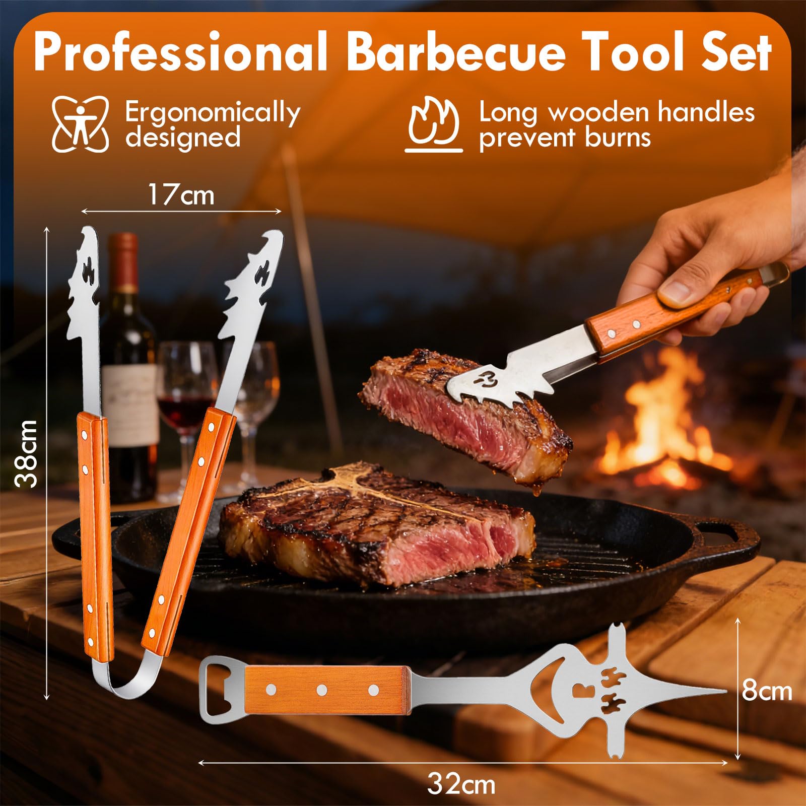 Ensemble d'ustensiles de barbecue en acier inoxydable 4 pièces avec pinces, spatule, fourchette à viande, manches en bois