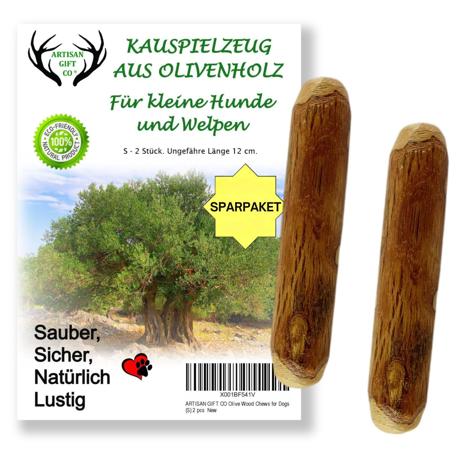 ARTISAN GIFT CO Olivenholz Kauspielzeug für Hunde 100% Natürliches (S-12 cm) Sparpaket 2 Stück