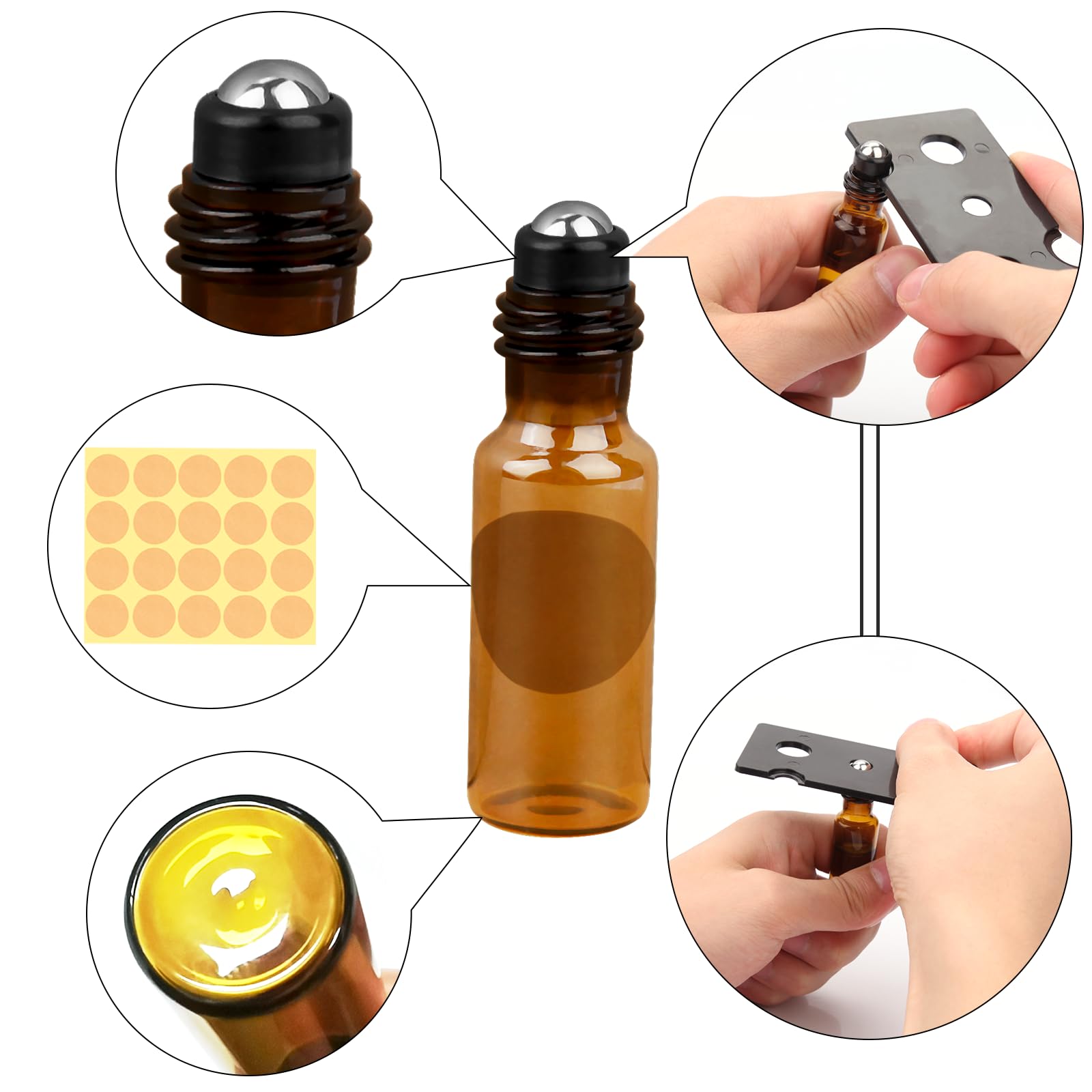 Roll on Botellas de cristal para aceite esencial, 48 unidades de 5 ml, aceites esenciales vacío, con bolas de rodillo de acero inoxidable para aceites esenciales, perfumes