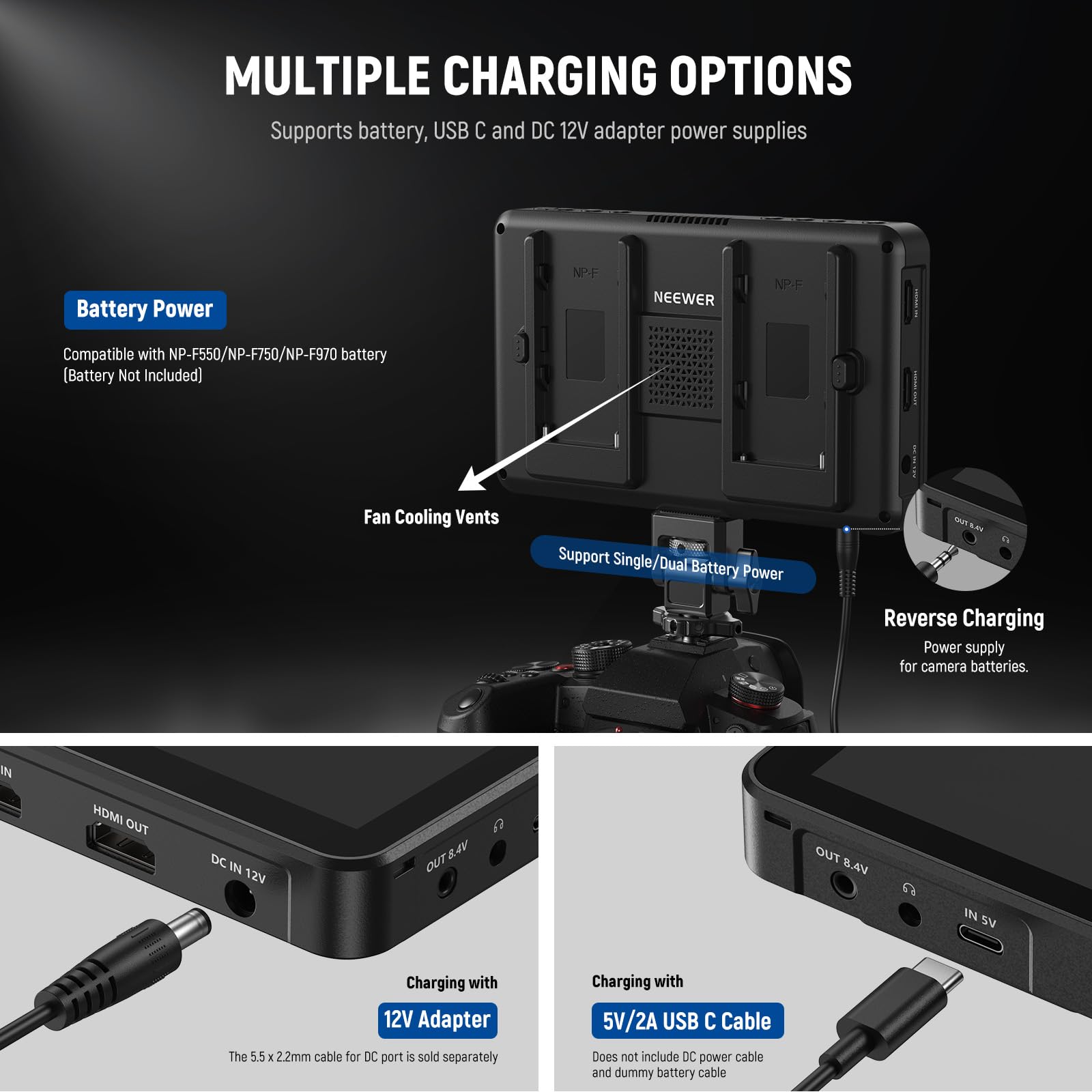 NEEWER F700 7" Camera Field Monitor, 2000nit HD 1920x1080 IPS Touch Screen with 3D LUT, 4K HDMI Loop in/Out with Peak Focus DSLR Video Assist HDR Waveform, Cold Shoe Mount, Battery Not Included