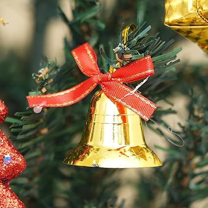 12 Pcs Christmas Bells Golden Bells with Red Ribbon/Christmas Tree Decoration Items/Christmas Ornaments for Home Office Decor