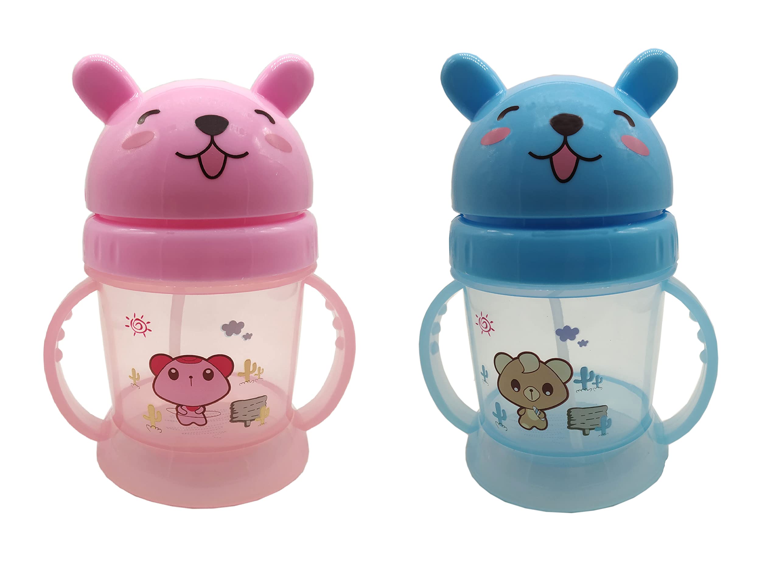 Te Quiti Baby Sipper Bottle Leakproof Durable BPA Free Non Toxic with Straw Combo Bunny Teddy Bear Design Water Bottle with Sipper for Kids Girls & Boys Blue & Pink Color-image-12