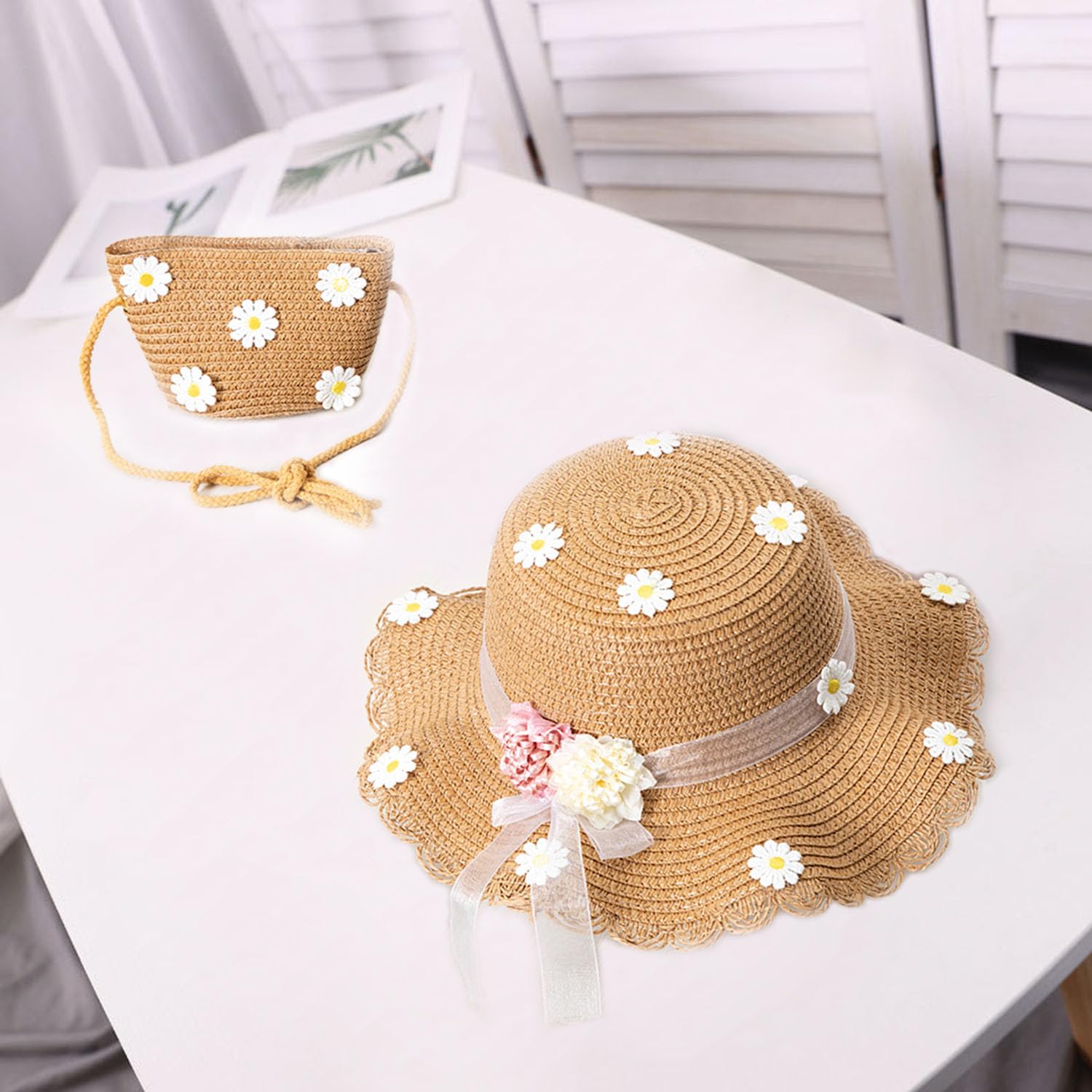 Chapeaux De Paille Filles, Chapeau avec Sac, Chapeau De Soleil en Paille pour Enfants, Rose, Kaki, Papyrus