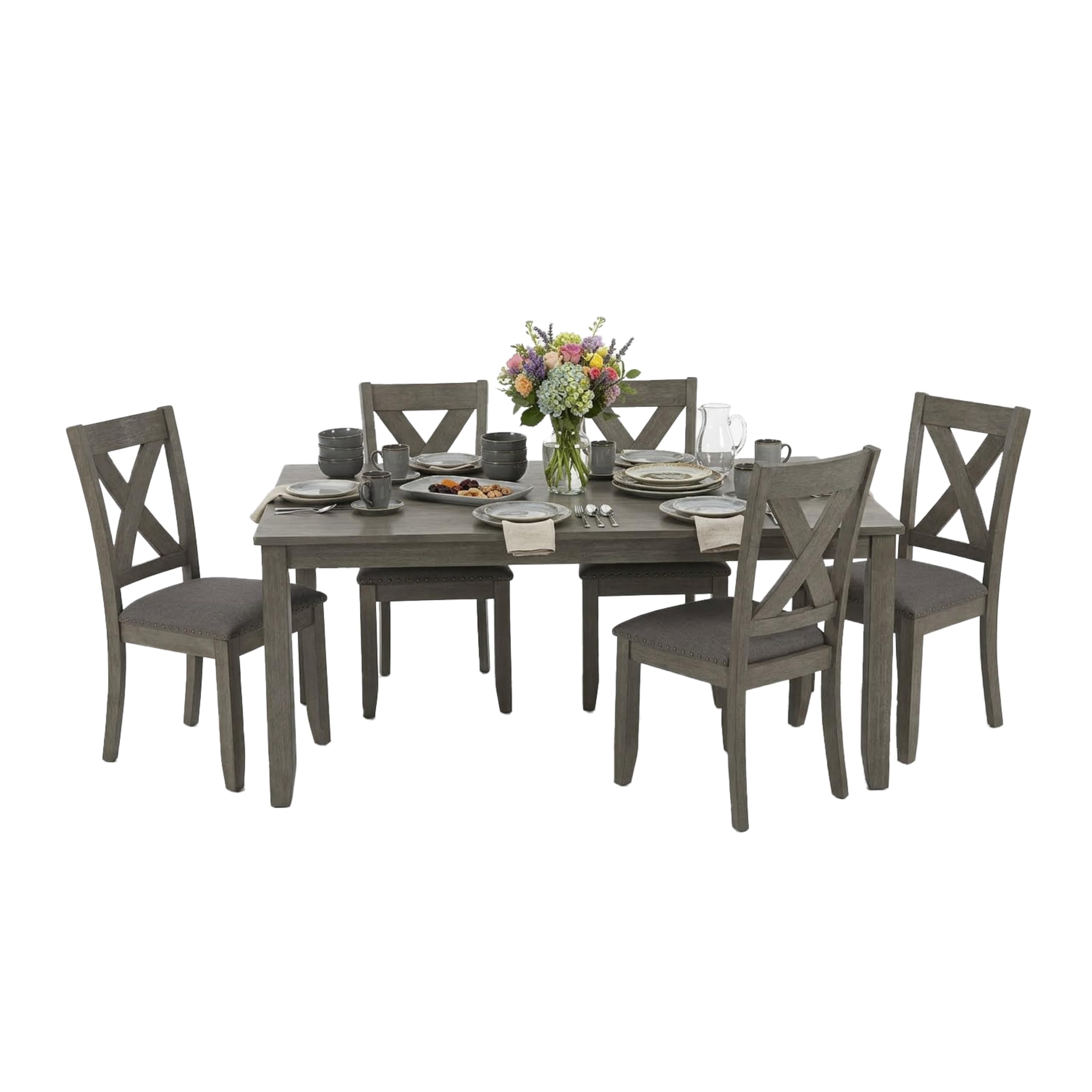 Photo 1 of Signature Design by Ashley Caitbrook Rustic 7-Piece Dining Set – Rectangular Table with 6 X-Back Upholstered Chairs, Gray