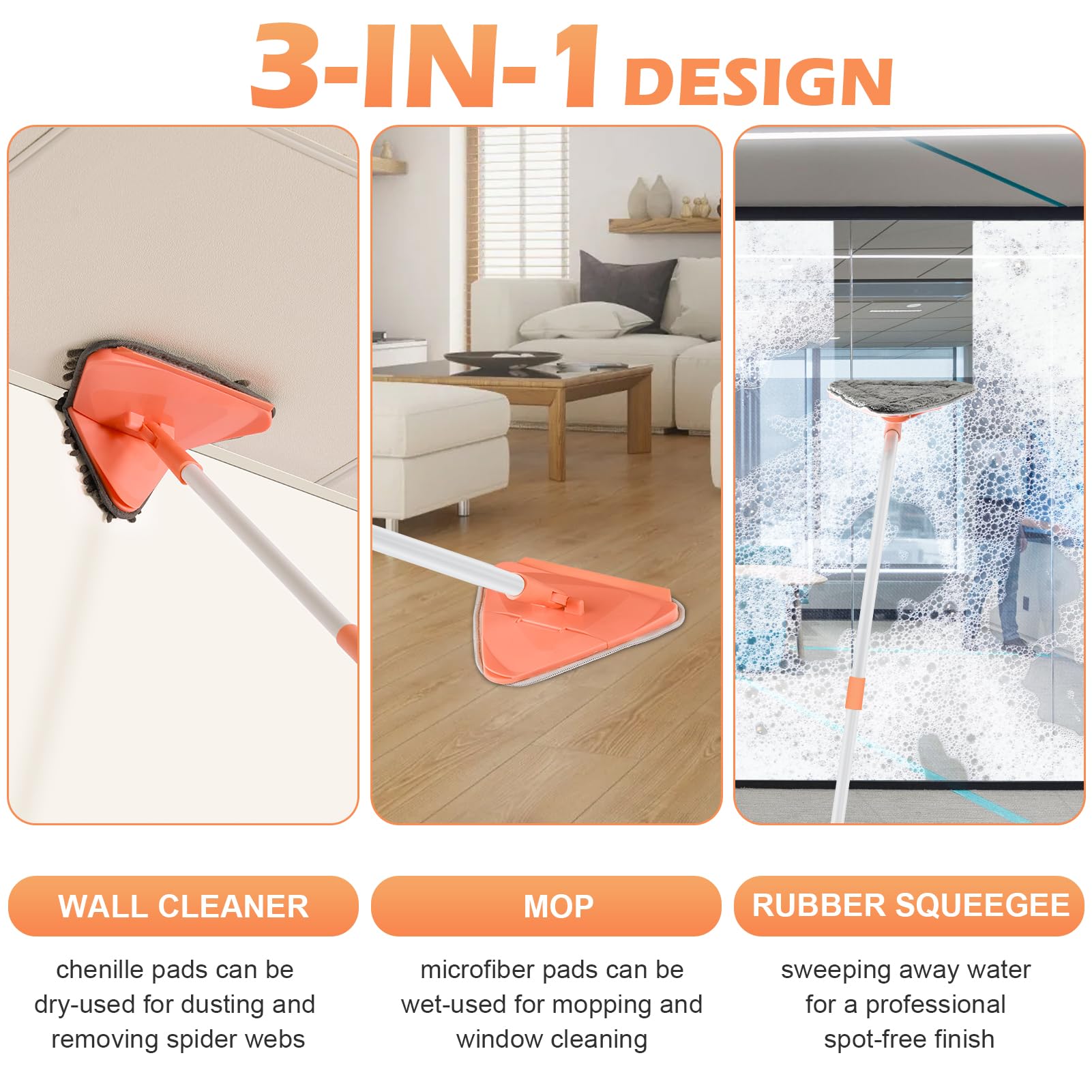 RONSUNG Mopa limpiadora de pared con mango extensible de 82 pulgadas, trapeador triangular multisuperficie con 6 almohadillas reutilizables para limpieza de techo, pared, zócalo, suelo y ventanas