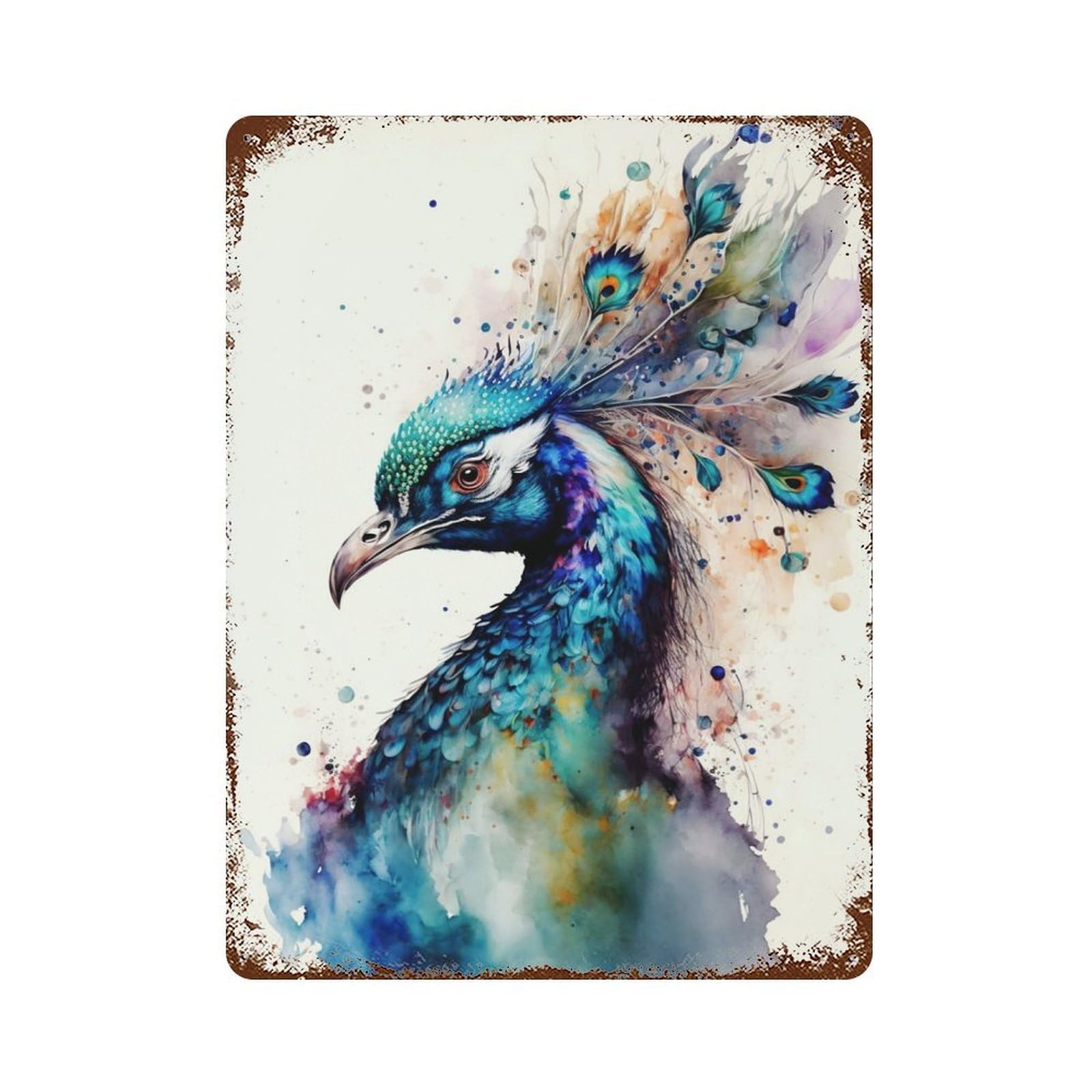 Weathered Tin Sign Peacock in Watercolor 15.7"x11.8", Rustic Home Decor for Bistro, Counter And Cafe Decor