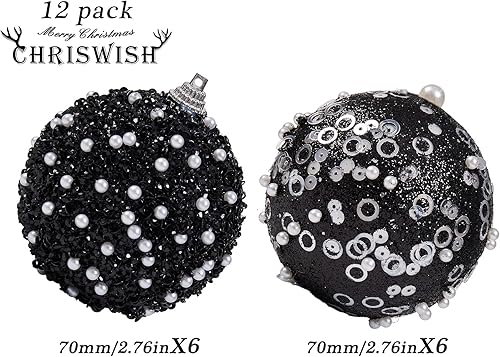 Miniatura 2 de ChrisWish Adornos de bola de Navidad de 12 quilates, decoraciones de bolas de Navidad negras, bolas de perlas colgantes de plástico inastillables
