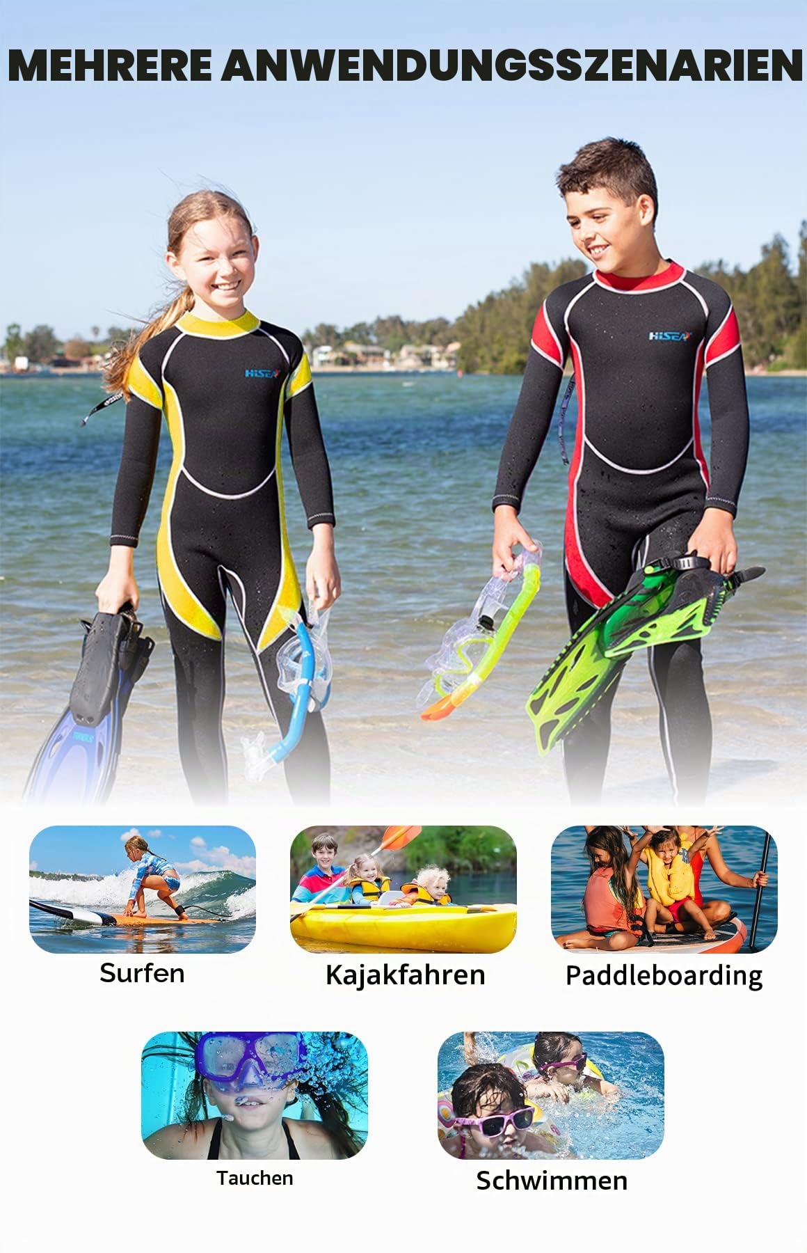 Neoprenanzug Kinder, 2.5mm Neoprenanzug Lang Jungen Mädchen Rücken-Reißverschluss, Tauchanzug Kinder Thermo zum Schwimmen, Tauchen, Schnorcheln, Surfen, SUP