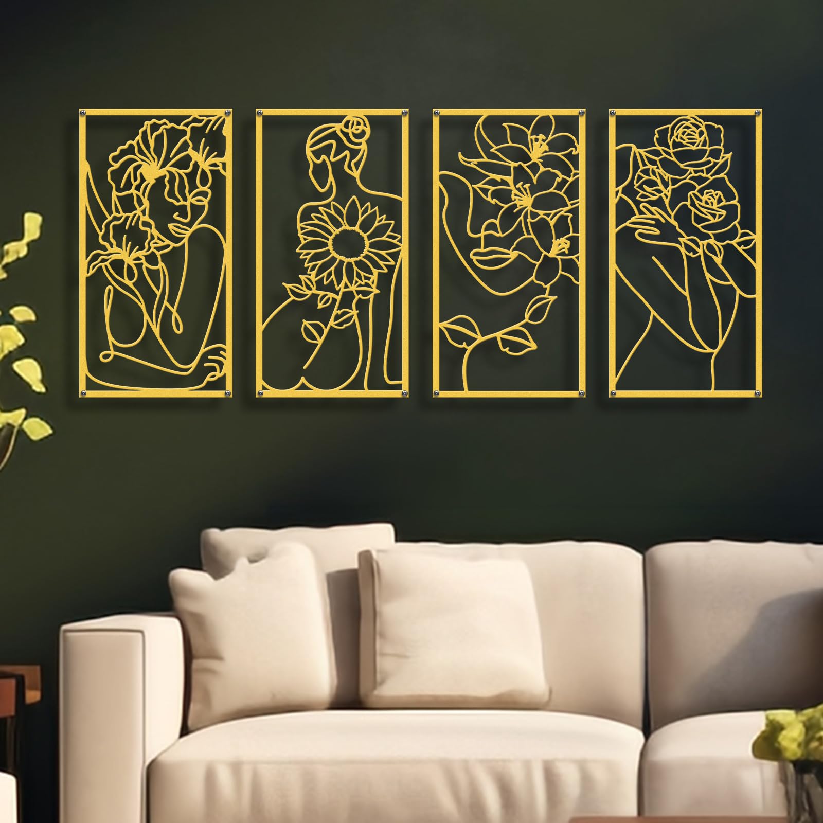 Zzbakress 4 Pcs Metal Minimalist Abstract Woman and Flower Wall Art Single Line Drawing Art Decoration Minimalist Home Hanging Wall Art Decor for Bedroom Kitchen Bathroom Living Room (style1, Gold)