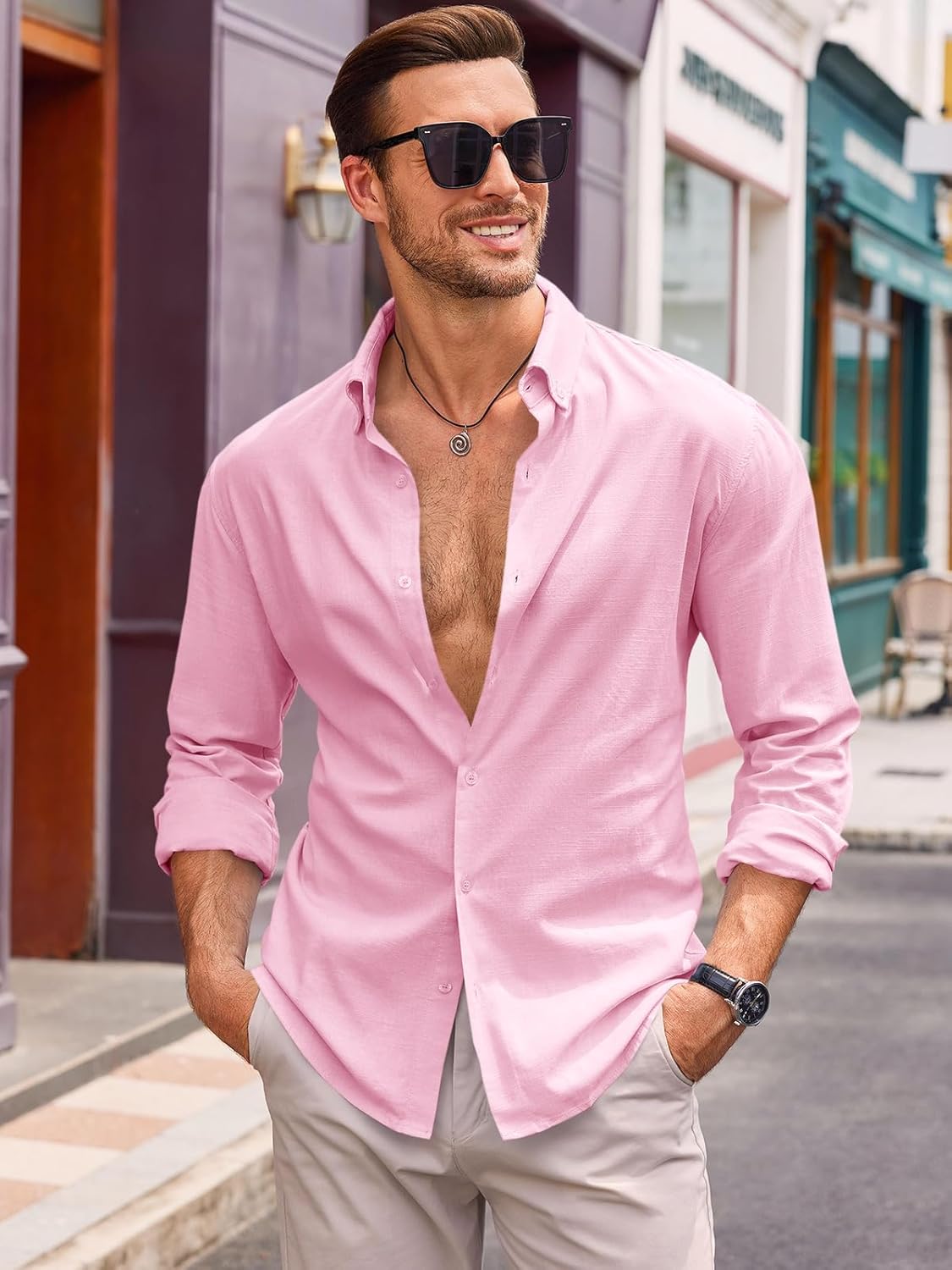 Runcati Mens Button Down Shirt Cotton Linen Casual Long Sleeve Shirts Collared Hippie Beach Tops - Image 2