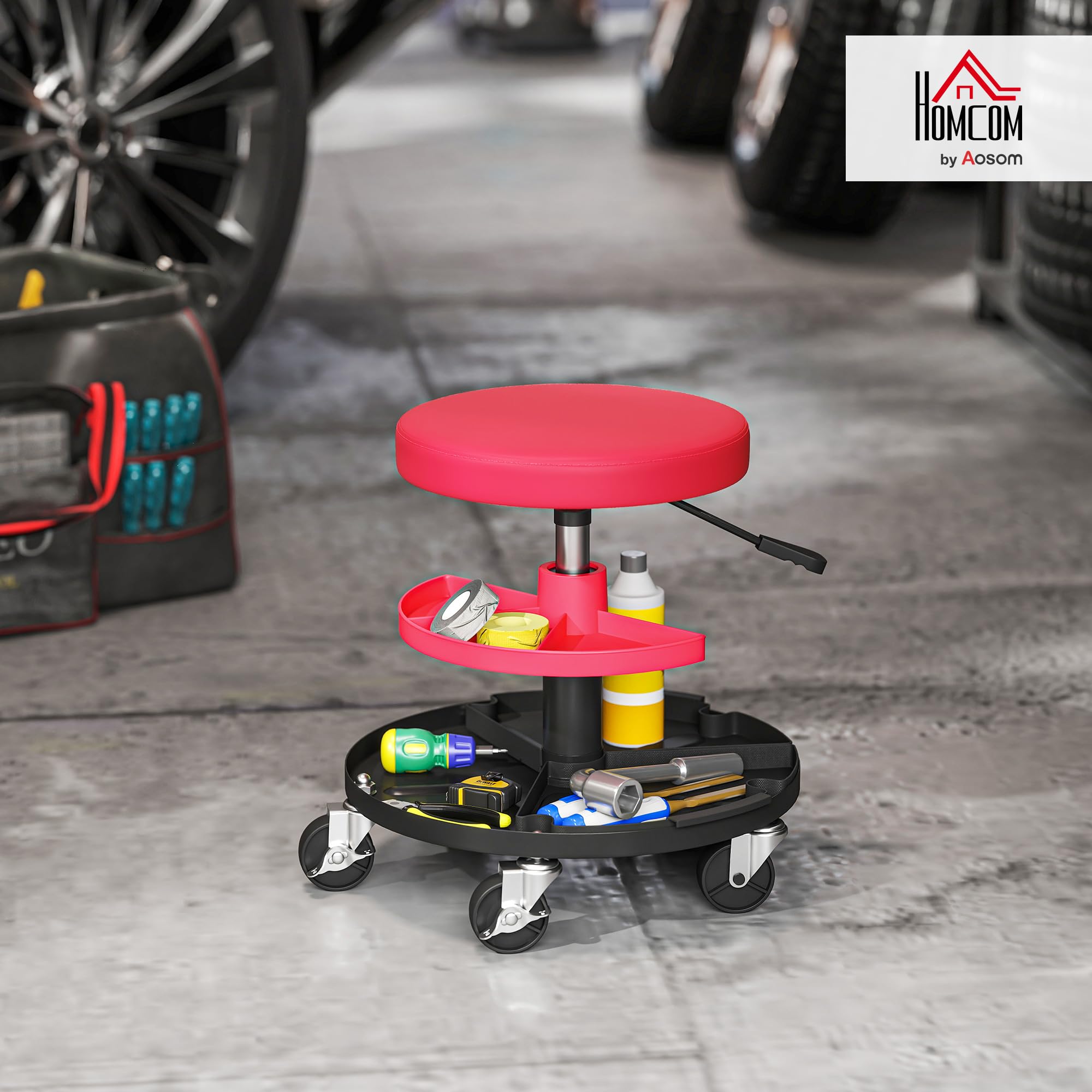 HOMCOM Taburete de Taller Giratorio con Ruedas Altura Ajustable de 40-51 cm Asiento Taburete para Mecánico con 2 Bandejas para Herramientas Carga 135 kg para Garaje Reparación de Automóviles Rojo