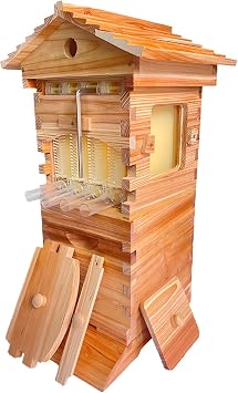 Beehive Starter Kit with 4 Automatic Honey Frames & 6 Brood Frames, Complete Wooden Bee Box with Observation Window & Honey Spout, Easy Flow Hive System for Backyard Beekeeping