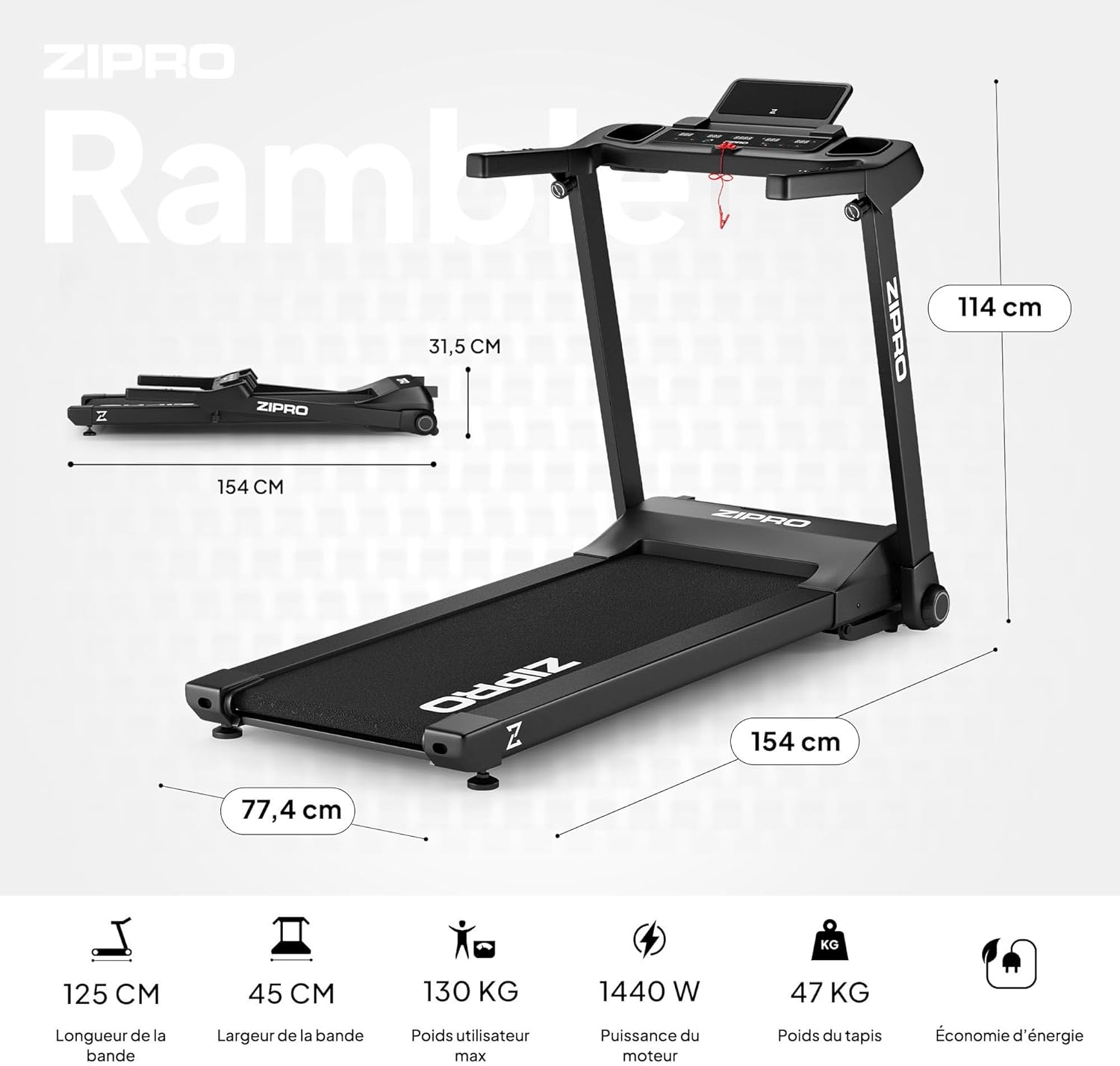 Dimensional diagram of the ZIPRO Ramble Treadmill, showing both unfolded and folded states with measurements.