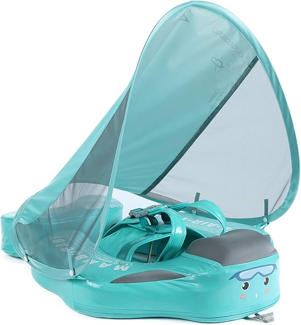 HECCEI Baby Swimming Float Add Tail Newest Mambobaby Pool Float with Canopy, Non-Inflatable Soft Waterproof Skin-Friendly Leather Material Toddler Swim Ring Age of 3-24months