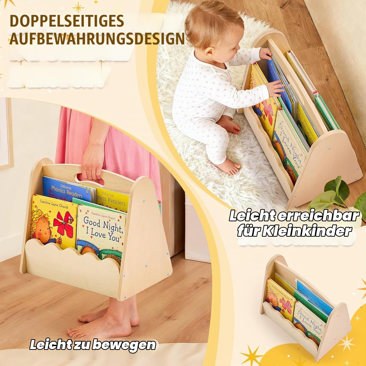 Jolitac 3tlg Kinder Bücherregal, Kinderzimmer Spielzeugregal aus Holz, Spielzeug Organizer Regal Aufbewahrung für Kindergarten, Spielzimmer