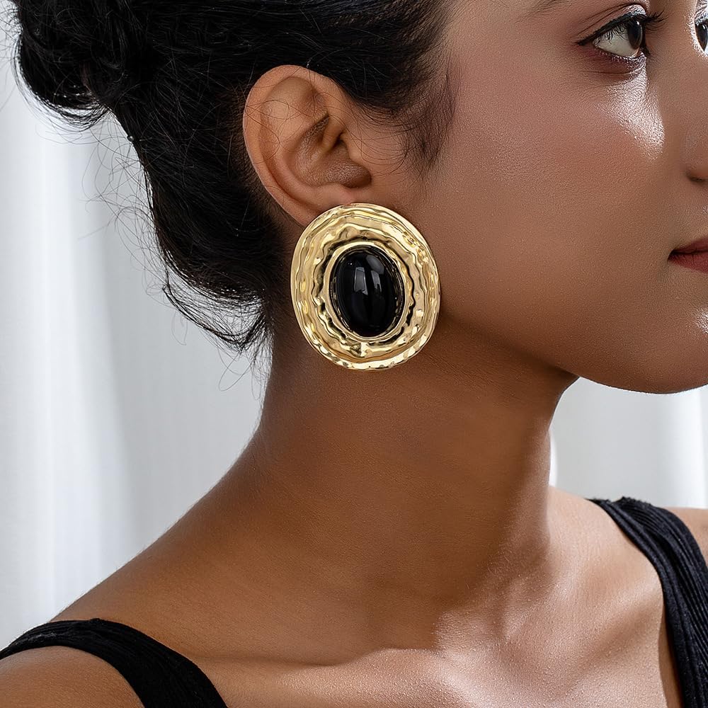 Gold Statement Earrings for Women,Chunky Vintage Extra Big Oval Dangle Drop Turquoise Earrings,Black Boho Exaggerated Western Eerrings Jewelry Accessories - Image 4