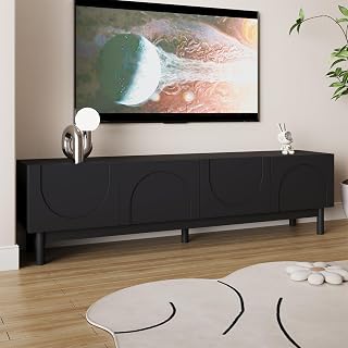 66.5" Modern TV Stand with Wave-Pattern Doors, Handleless Design, 4 Cabinets with Inner Shelves, Sturdy Legs, Media Console Cabinet for Living Room, Entertainment Unit, Black