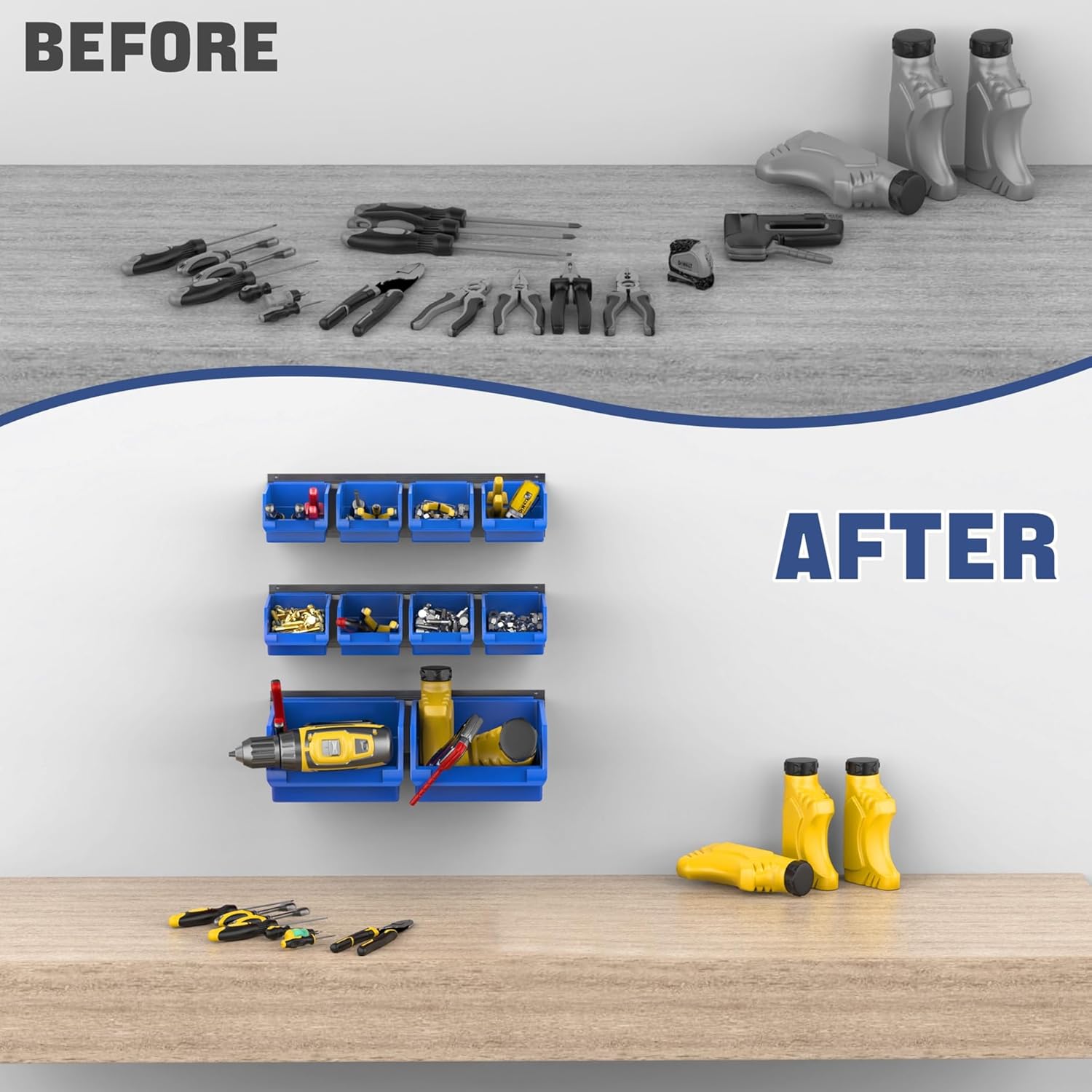 WALMANN Wall Mounted Storage Bins for Small Parts, 10 Bins with 3 Metal Rails, Plastic Wall Bins for Screws, Bolts, Nuts, Craft Room, Workshop, and Garage Storage Bins(Blue)