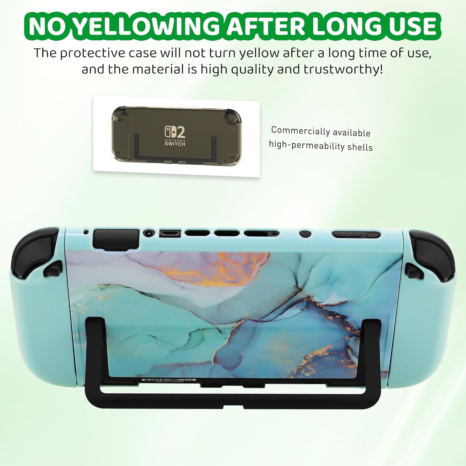 RHOTALL Green Carrying Bundle for Nintendo Switch 2 (2025), Shockproof Protective Hard Shell Cute Cover Case with Game Card Slots Accessories,Screen Protector,Shoulder Strap,2 Thumb Grips, Marble - Image 6