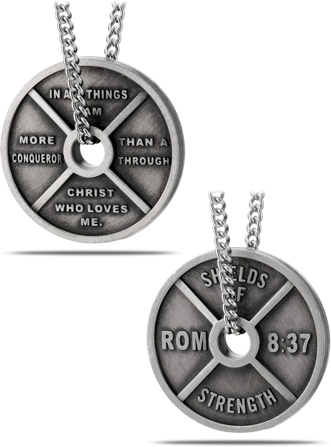 Women's Antique Finish High Relief Weight Plate Necklace-Romans 8:37