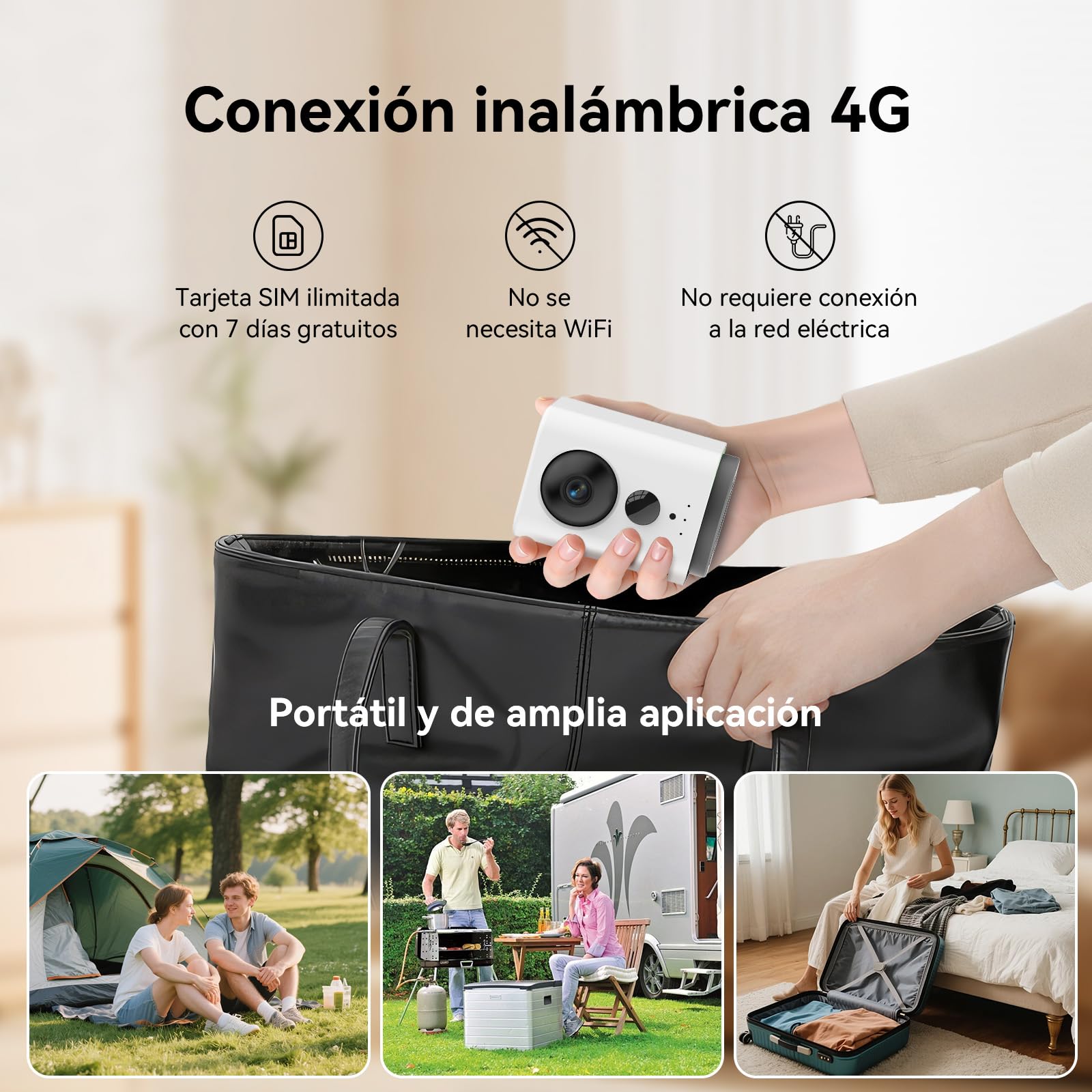 4G Camara Vigilancia Interior con Tarjeta Sim, 2K 360°PTZ Cámara de Vigilancia Inalambrica sin WiFi para Bebés, Mascotas, Ancianos, 7800mAh Batería, Detección de PIR, Audio Bidireccional