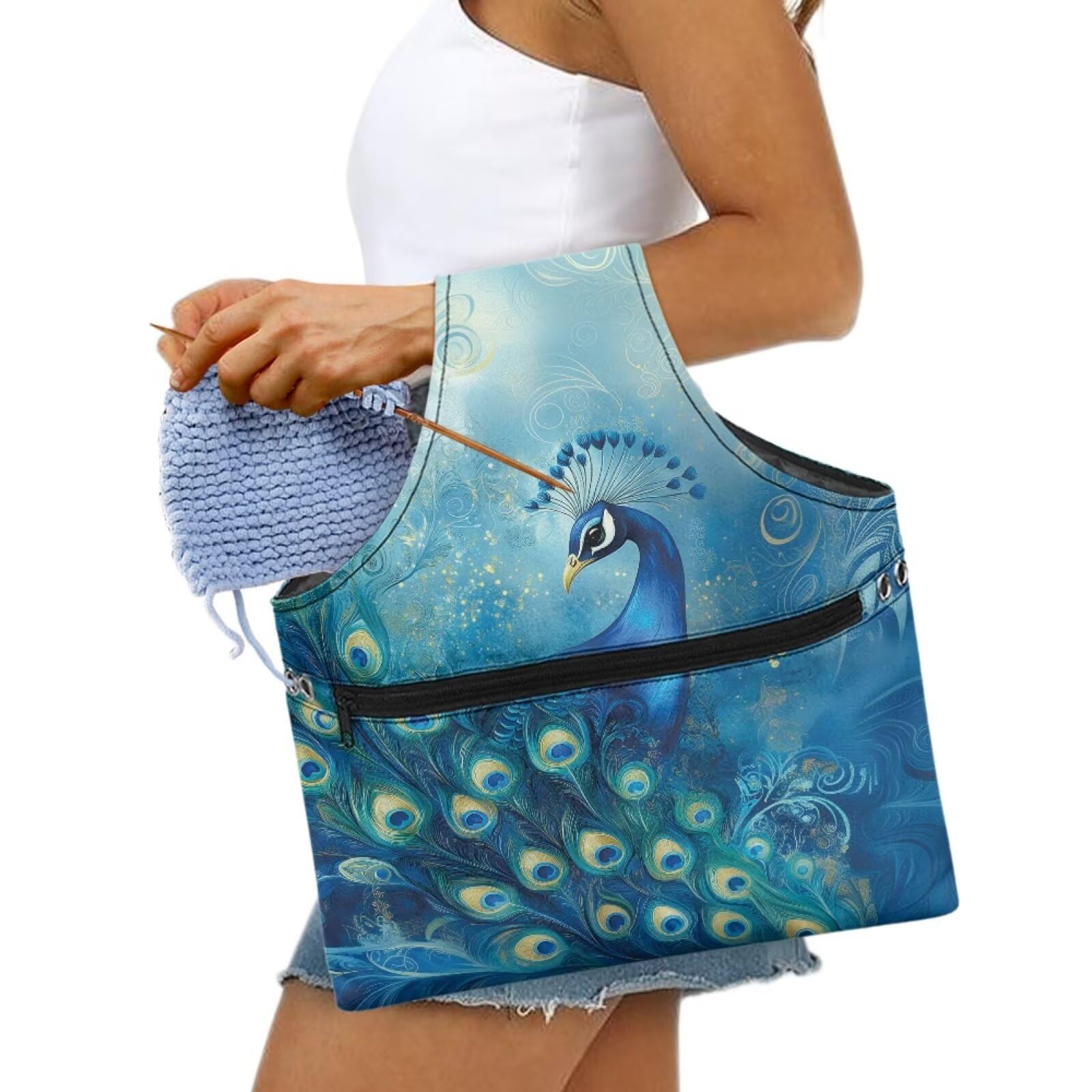 ASQVTIFE Beautiful Peacock Yarn Bags for Crocheting Animal Knitting Hook Storage for Travel Crochet Accessories Stylish Large Crochet Bags for Crocheting Project with Front Zipper Pocket - Image 2