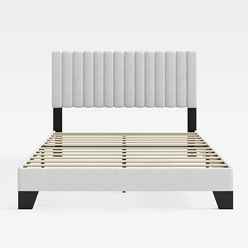 Miniatura 9 de Base de cama tamaño Queen, plataforma tapizada con cabecero ajustable, estructura resistente y listones de madera, silenciosa, no necesita somier,