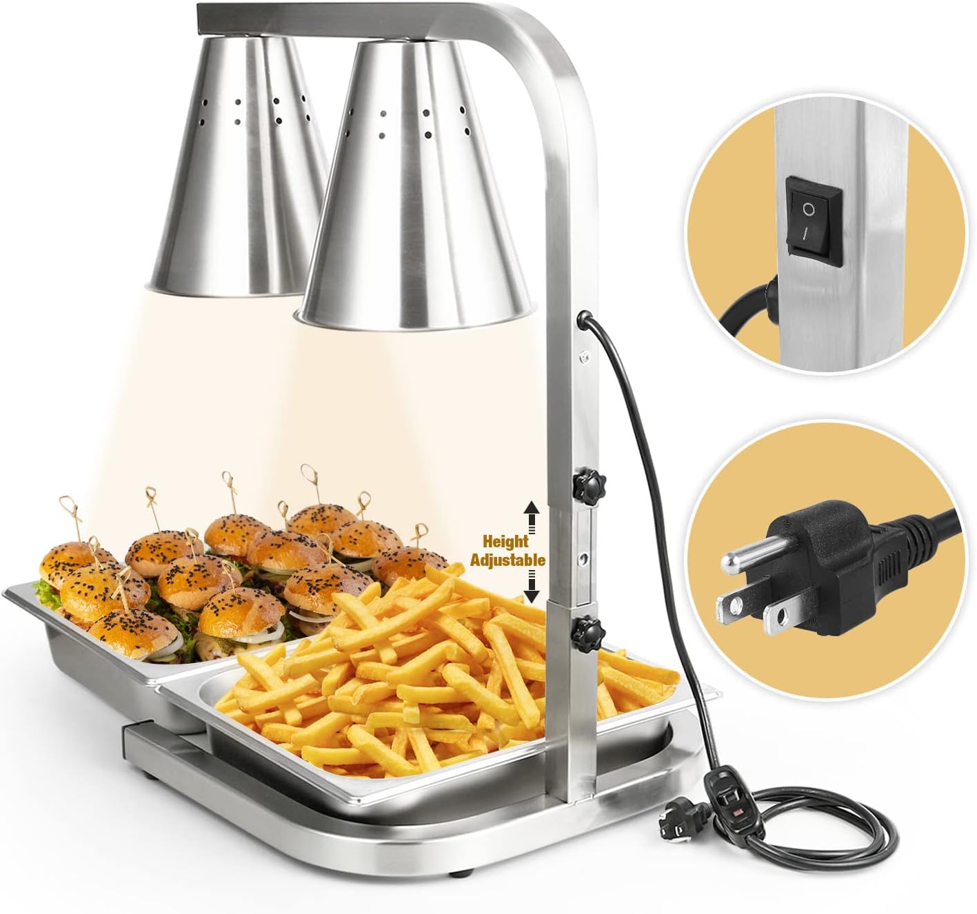 Restlrious Food Heat Lamp Freestanding Commercial Portable Food Warmer, Stainless Steel 120V Electric Food Heat Lamp with 2 Bulbs for Food Service - 250W Each, Fan-Shaped Lampshade : Pet Supplies