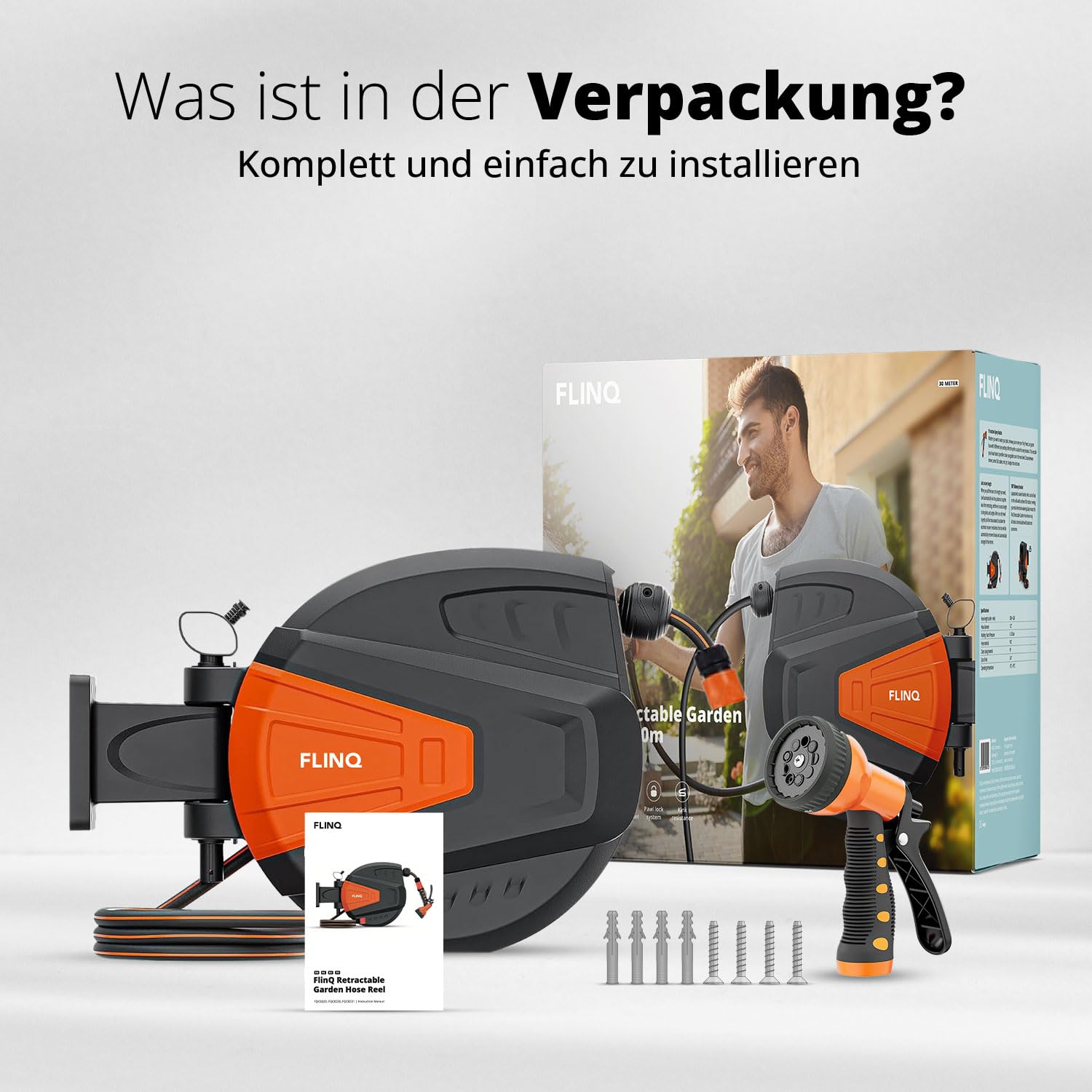 FlinQ 20m Schlauchtrommel Wandmontage - Orange | Gartenschlauch Trommel Automatik 180° Schwenkbar - Schlauchaufroller Wasser mit 9 Funktionen Sprühkopf